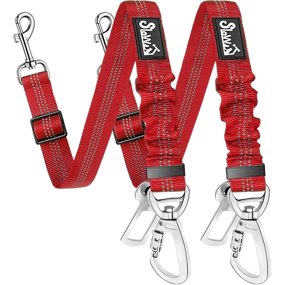 image:imageSlowTon Dog Seatbelt 2 Pack Dog Seat Belt Car Leash Adjustable Elastic Bungee Buffer Heavy Duty Nylon Reflective Pet Safety Tether Connect to Dog Harness for Travel Riding in Vehicle Daul Clip BLRed
