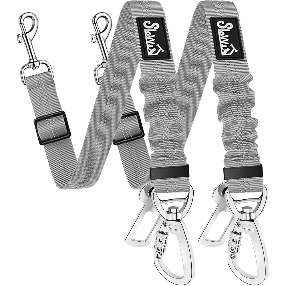 image:imageSlowTon Dog Seatbelt 2 Pack Dog Seat Belt Car Leash Adjustable Elastic Bungee Buffer Heavy Duty Nylon Reflective Pet Safety Tether Connect to Dog Harness for Travel Riding in Vehicle Daul Clip BLGrey
