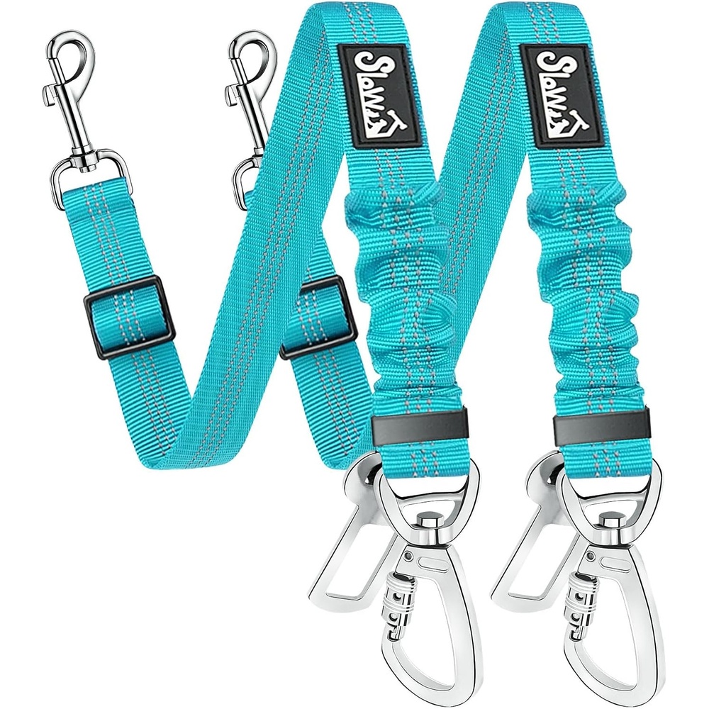 image:imageSlowTon Dog Seatbelt 2 Pack Dog Seat Belt Car Leash Adjustable Elastic Bungee Buffer Heavy Duty Nylon Reflective Pet Safety Tether Connect to Dog Harness for Travel Riding in Vehicle Daul Clip BLLight Blue