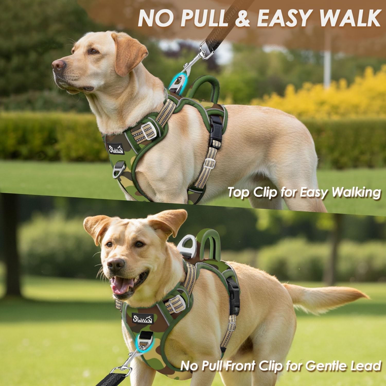 image:imageSlowTon No Pull Dog Harness Heavy Duty No Choke Pet Harness with 2 Leash Clips and Easy Control Vertical Handle Adjustable Soft Padded Dog Vest for Small Medium and Large DogsYellow Camo LargeHGreen Camouflage