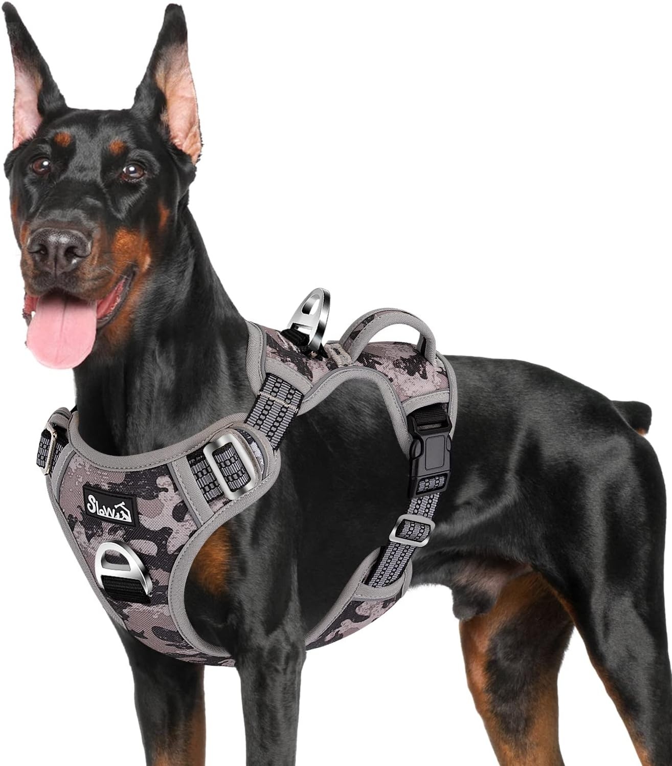 image:imageSlowTon No Pull Dog Harness Heavy Duty No Choke Pet Harness with 2 Leash Clips and Easy Control Vertical Handle Adjustable Soft Padded Dog Vest for Small Medium and Large DogsYellow Camo LargeGGray Camouflage