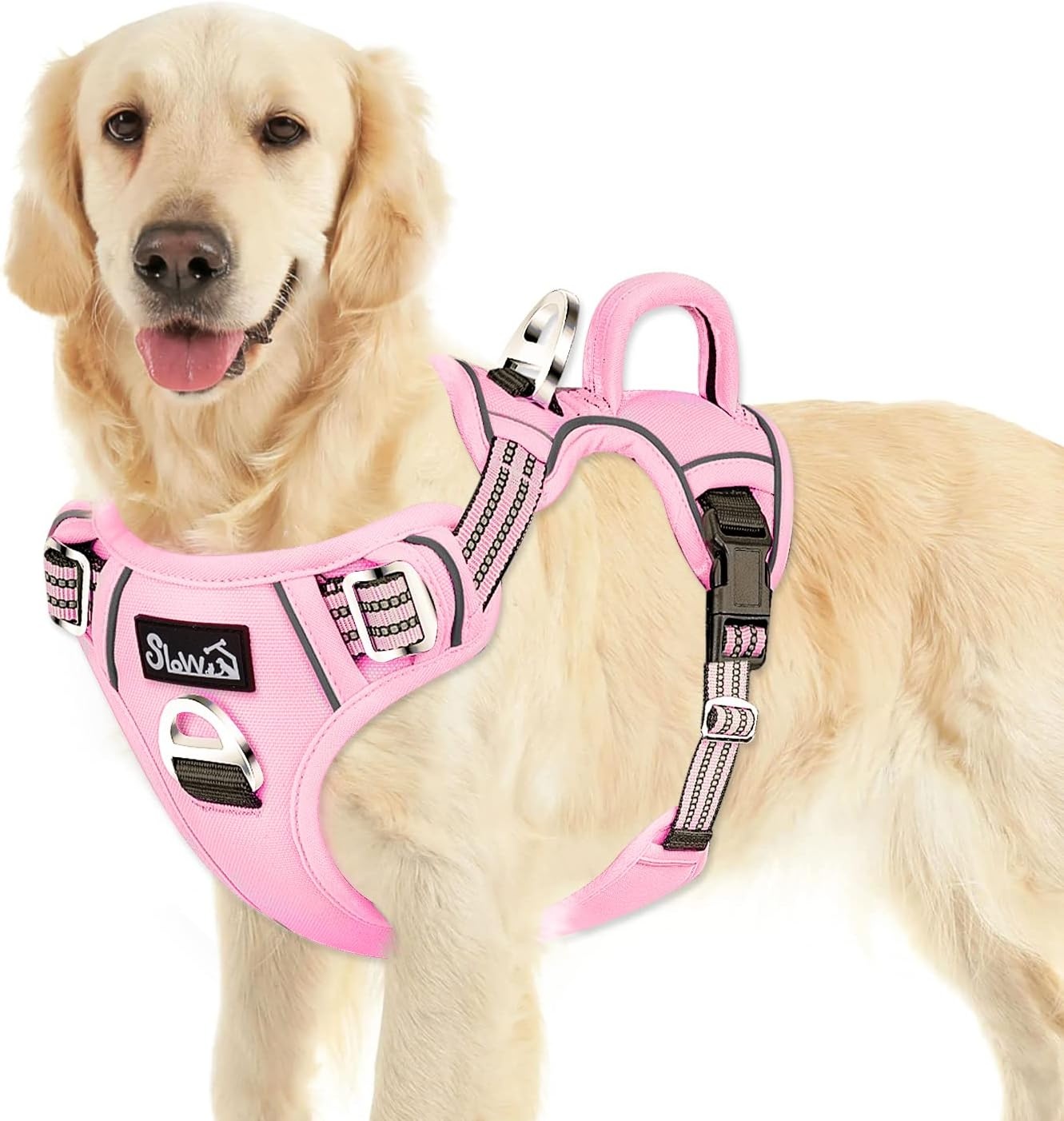image:imageSlowTon No Pull Dog Harness Heavy Duty No Choke Pet Harness with 2 Leash Clips and Easy Control Vertical Handle Adjustable Soft Padded Dog Vest for Small Medium and Large DogsYellow Camo LargeEPink