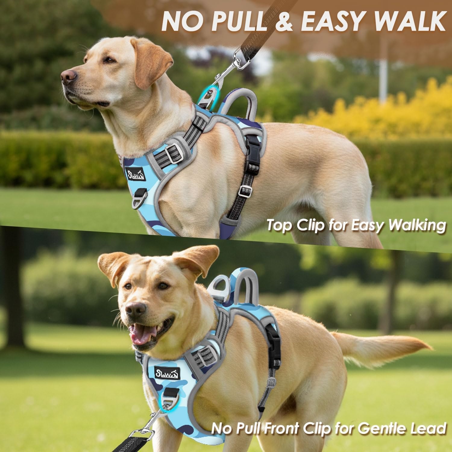 image:imageSlowTon No Pull Dog Harness Heavy Duty No Choke Pet Harness with 2 Leash Clips and Easy Control Vertical Handle Adjustable Soft Padded Dog Vest for Small Medium and Large DogsYellow Camo LargeKBlue Camouflage