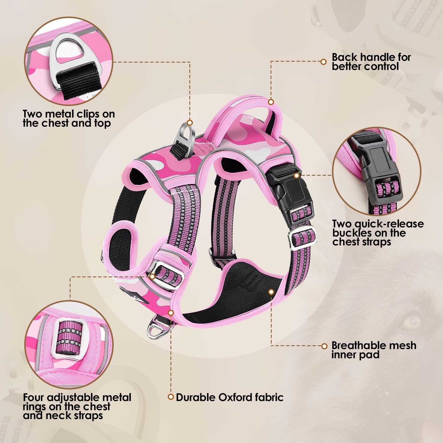 image:imageSlowTon No Pull Dog Harness Heavy Duty No Choke Pet Harness with 2 Leash Clips and Easy Control Vertical Handle Adjustable Soft Padded Dog Vest for Small Medium and Large DogsYellow Camo LargeJPink Camouflage