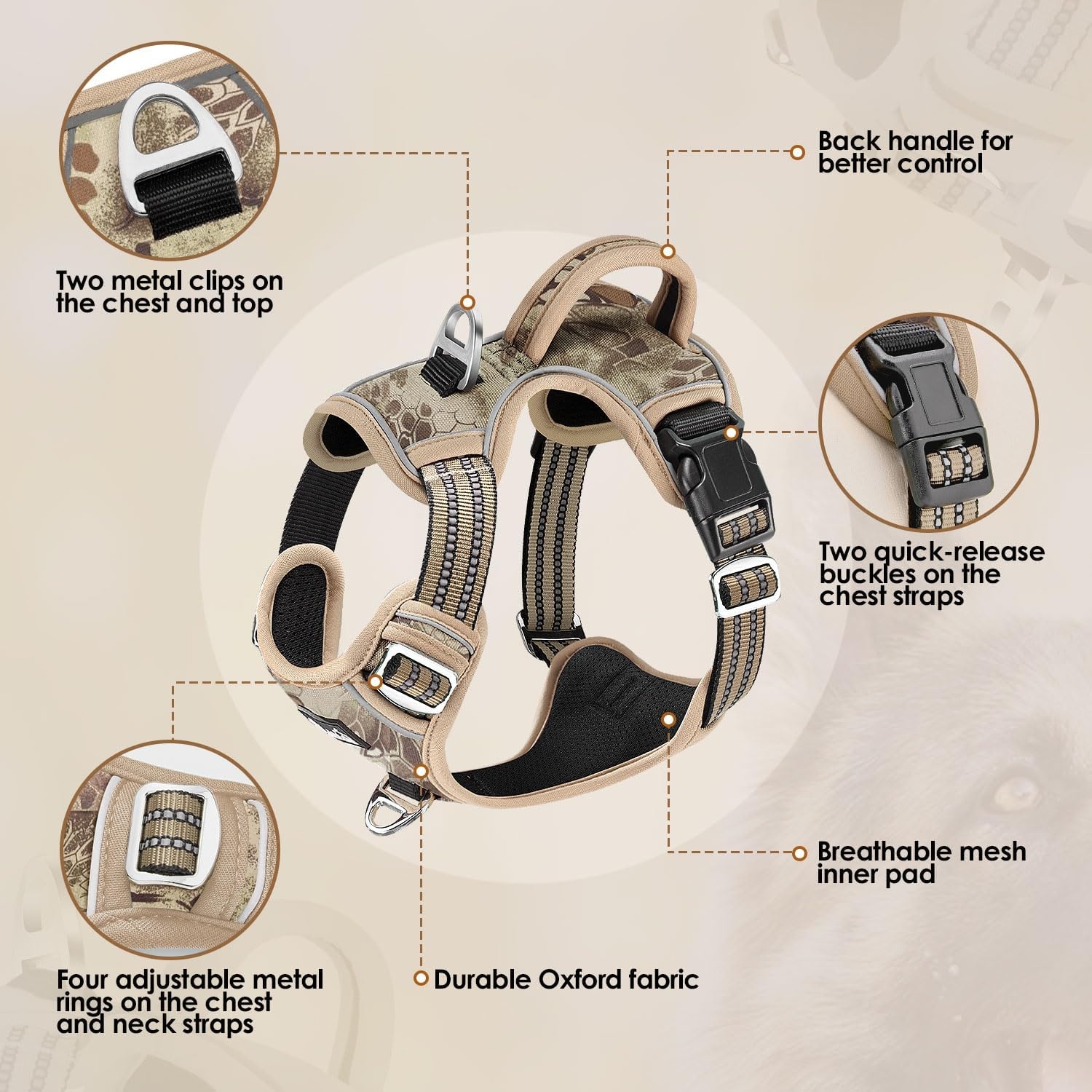 image:imageSlowTon No Pull Dog Harness Heavy Duty No Choke Pet Harness with 2 Leash Clips and Easy Control Vertical Handle Adjustable Soft Padded Dog Vest for Small Medium and Large DogsYellow Camo LargeIYellow Camouflage