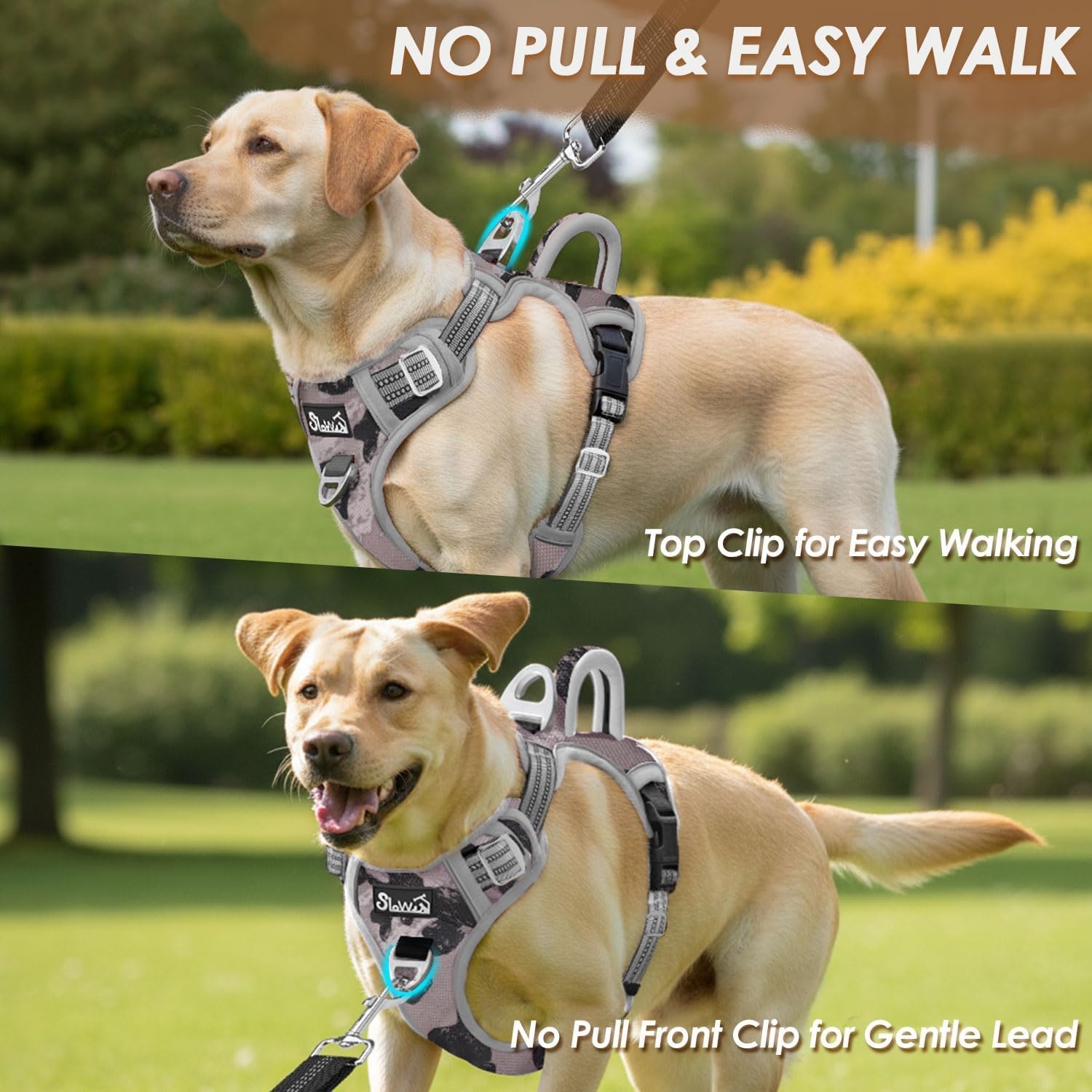 image:imageSlowTon No Pull Dog Harness Heavy Duty No Choke Pet Harness with 2 Leash Clips and Easy Control Vertical Handle Adjustable Soft Padded Dog Vest for Small Medium and Large DogsYellow Camo LargeGGray Camouflage