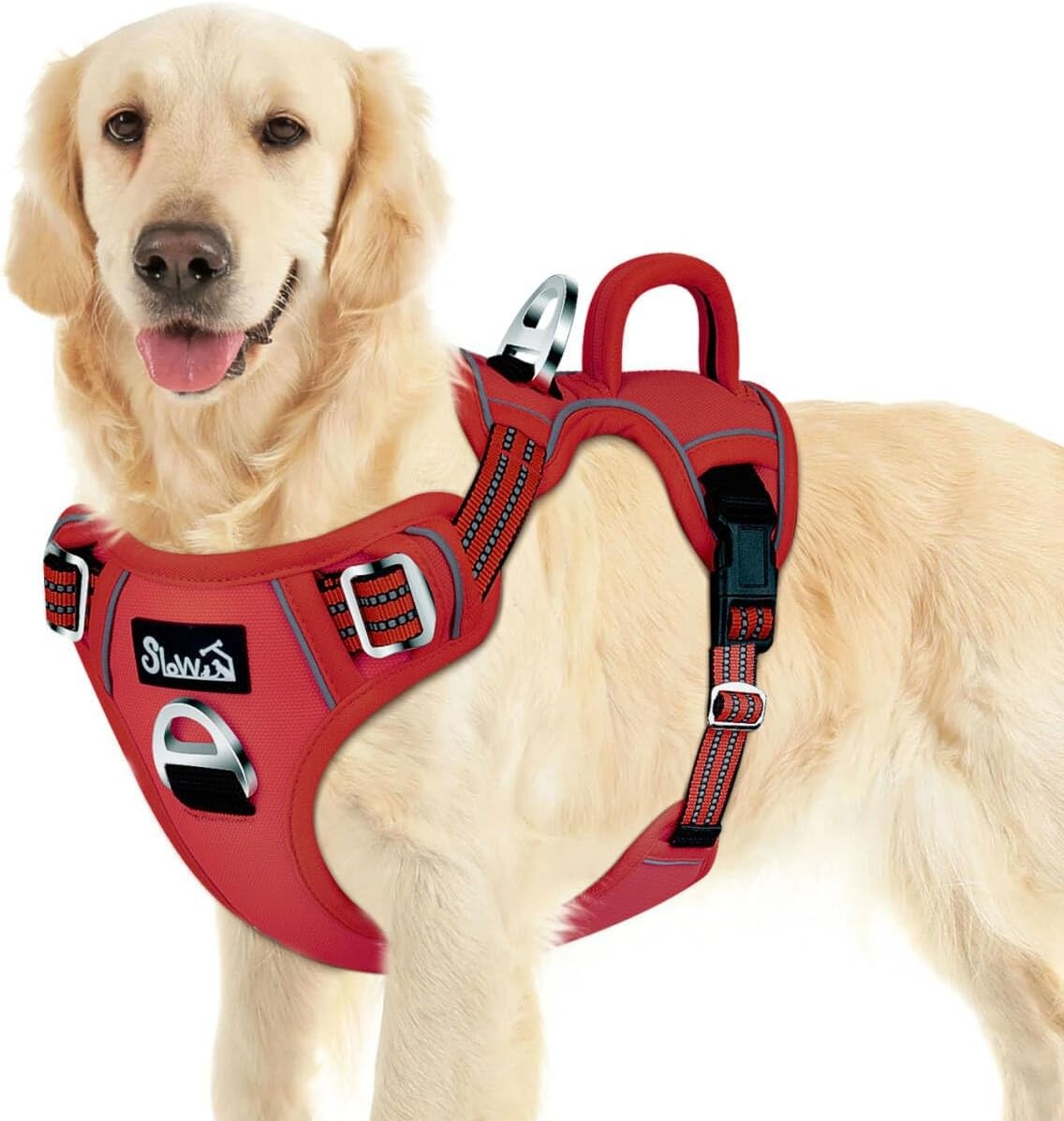 image:imageSlowTon No Pull Dog Harness Heavy Duty No Choke Pet Harness with 2 Leash Clips and Easy Control Vertical Handle Adjustable Soft Padded Dog Vest for Small Medium and Large DogsYellow Camo LargeCRed