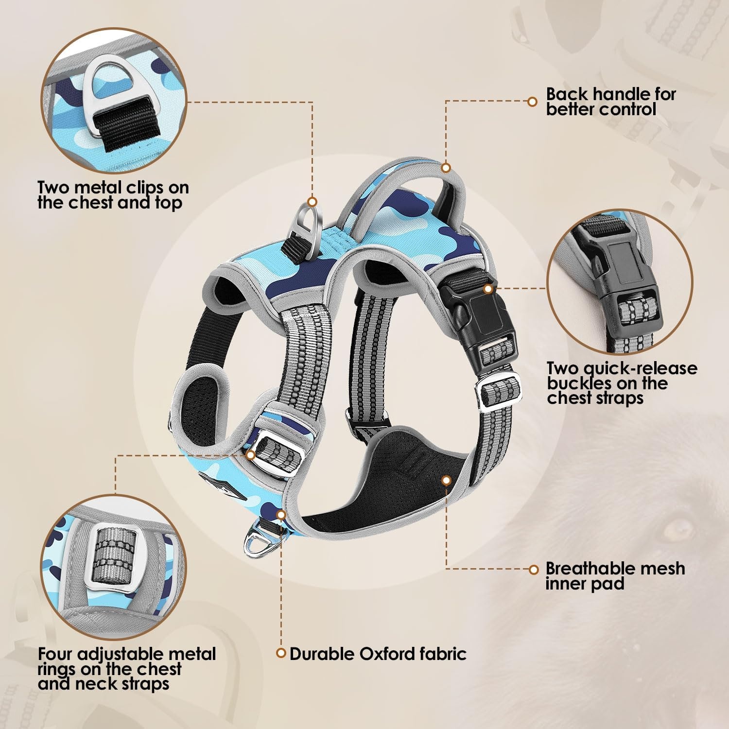 image:imageSlowTon No Pull Dog Harness Heavy Duty No Choke Pet Harness with 2 Leash Clips and Easy Control Vertical Handle Adjustable Soft Padded Dog Vest for Small Medium and Large DogsYellow Camo LargeKBlue Camouflage