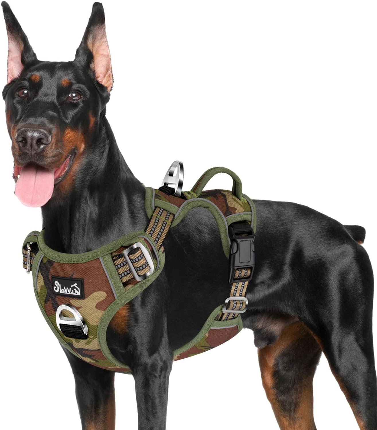 image:imageSlowTon No Pull Dog Harness Heavy Duty No Choke Pet Harness with 2 Leash Clips and Easy Control Vertical Handle Adjustable Soft Padded Dog Vest for Small Medium and Large DogsYellow Camo LargeHGreen Camouflage