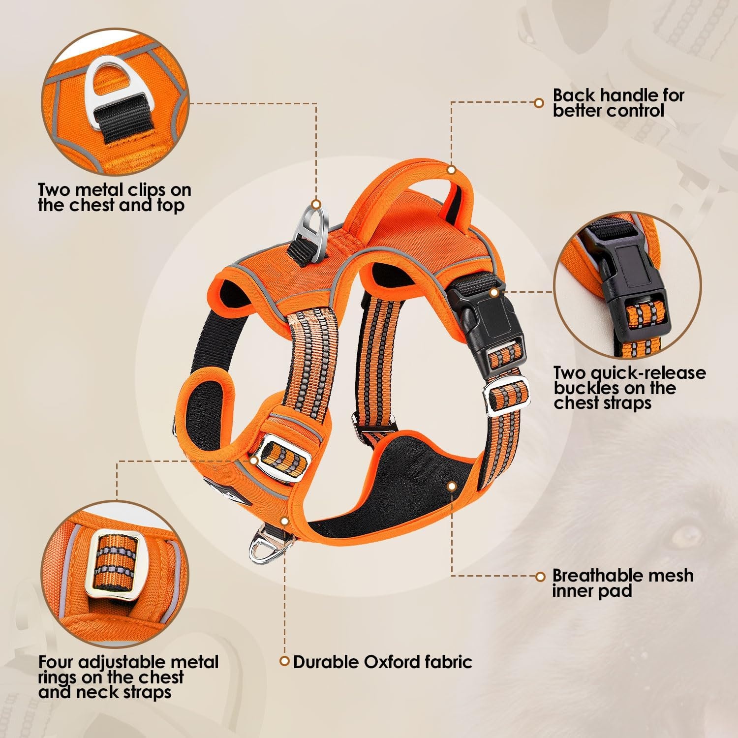 image:imageSlowTon No Pull Dog Harness Heavy Duty No Choke Pet Harness with 2 Leash Clips and Easy Control Vertical Handle Adjustable Soft Padded Dog Vest for Small Medium and Large DogsYellow Camo LargeBOrange