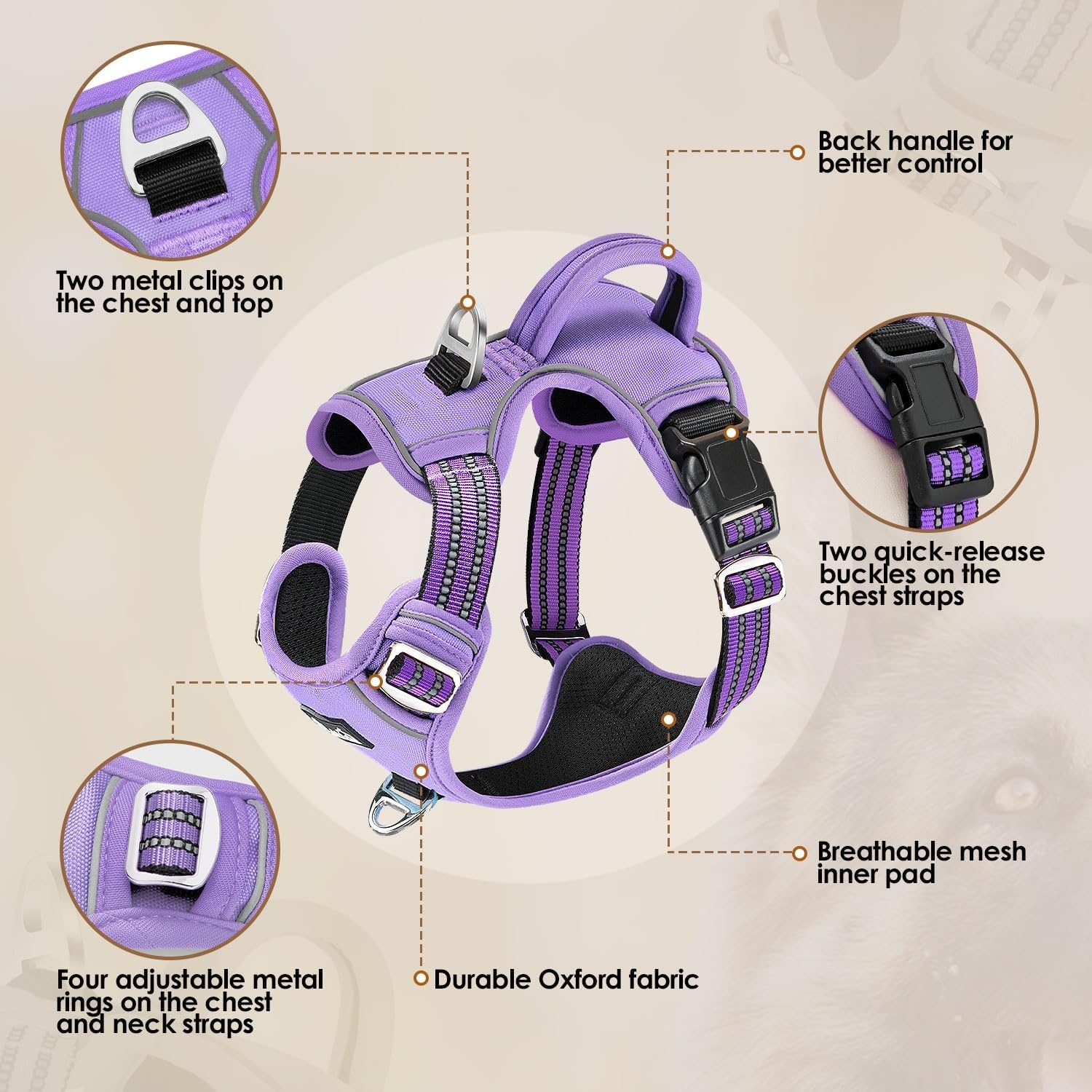 image:imageSlowTon No Pull Dog Harness Heavy Duty No Choke Pet Harness with 2 Leash Clips and Easy Control Vertical Handle Adjustable Soft Padded Dog Vest for Small Medium and Large DogsYellow Camo LargeDPurple