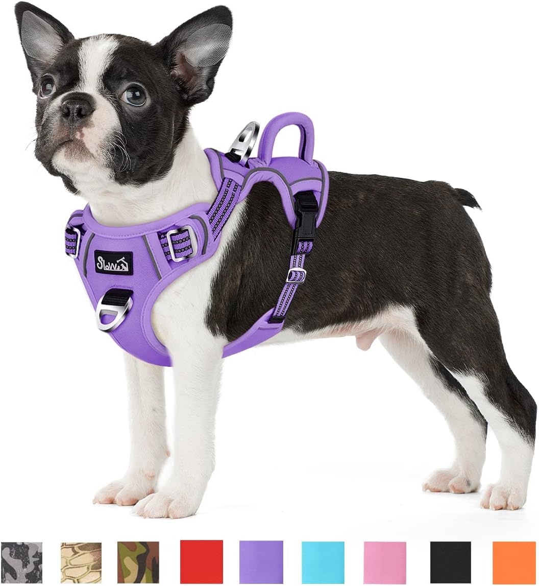 image:imageSlowTon No Pull Dog Harness Heavy Duty No Choke Pet Harness with 2 Leash Clips and Easy Control Vertical Handle Adjustable Soft Padded Dog Vest for Small Medium and Large DogsYellow Camo LargeDPurple