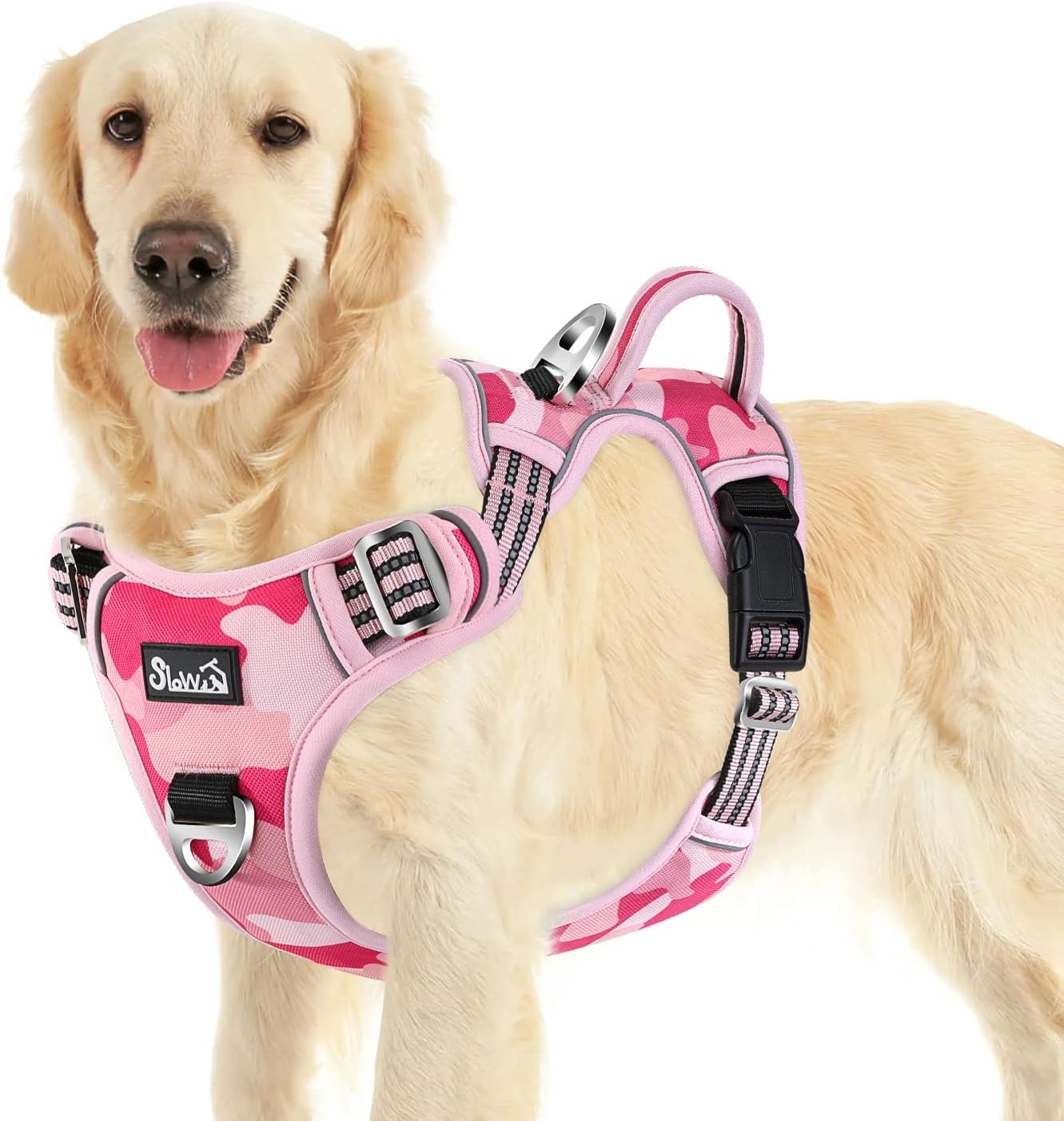 image:imageSlowTon No Pull Dog Harness Heavy Duty No Choke Pet Harness with 2 Leash Clips and Easy Control Vertical Handle Adjustable Soft Padded Dog Vest for Small Medium and Large DogsYellow Camo LargeJPink Camouflage