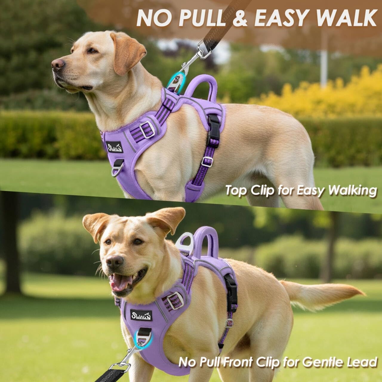 image:imageSlowTon No Pull Dog Harness Heavy Duty No Choke Pet Harness with 2 Leash Clips and Easy Control Vertical Handle Adjustable Soft Padded Dog Vest for Small Medium and Large DogsYellow Camo LargeDPurple