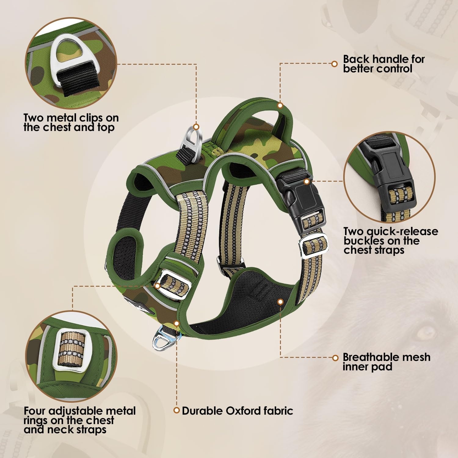 image:imageSlowTon No Pull Dog Harness Heavy Duty No Choke Pet Harness with 2 Leash Clips and Easy Control Vertical Handle Adjustable Soft Padded Dog Vest for Small Medium and Large DogsYellow Camo LargeHGreen Camouflage