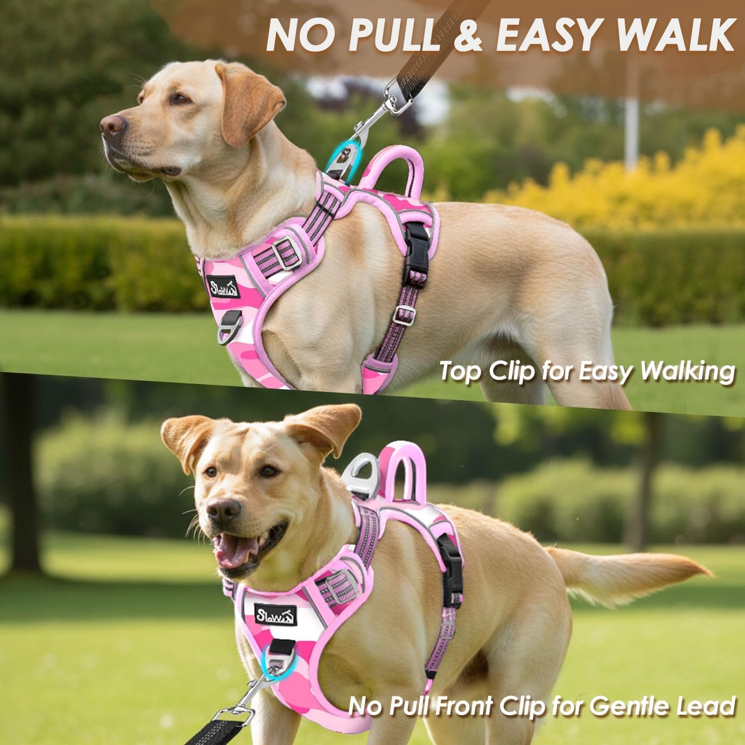 image:imageSlowTon No Pull Dog Harness Heavy Duty No Choke Pet Harness with 2 Leash Clips and Easy Control Vertical Handle Adjustable Soft Padded Dog Vest for Small Medium and Large DogsYellow Camo LargeJPink Camouflage