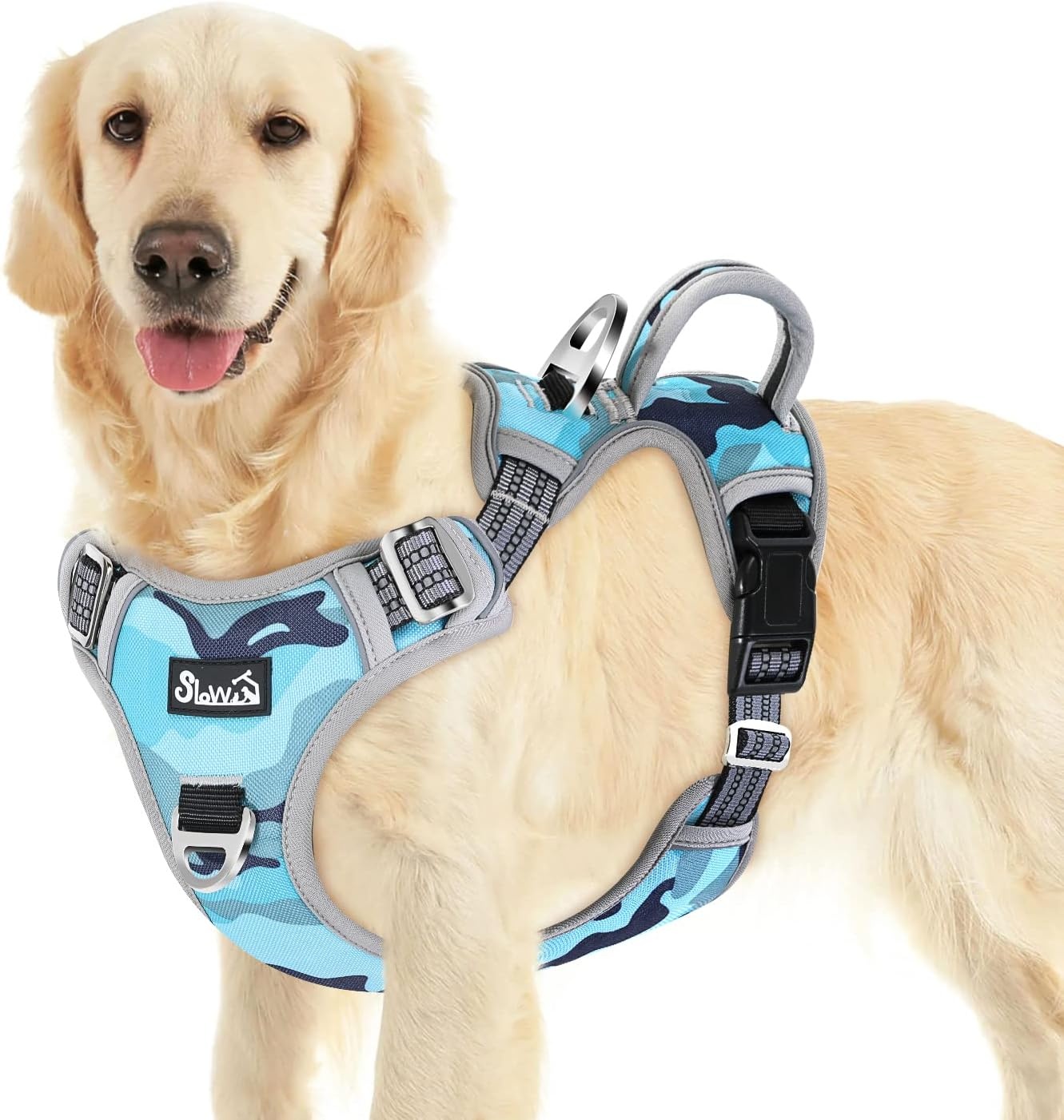image:imageSlowTon No Pull Dog Harness Heavy Duty No Choke Pet Harness with 2 Leash Clips and Easy Control Vertical Handle Adjustable Soft Padded Dog Vest for Small Medium and Large DogsYellow Camo LargeKBlue Camouflage