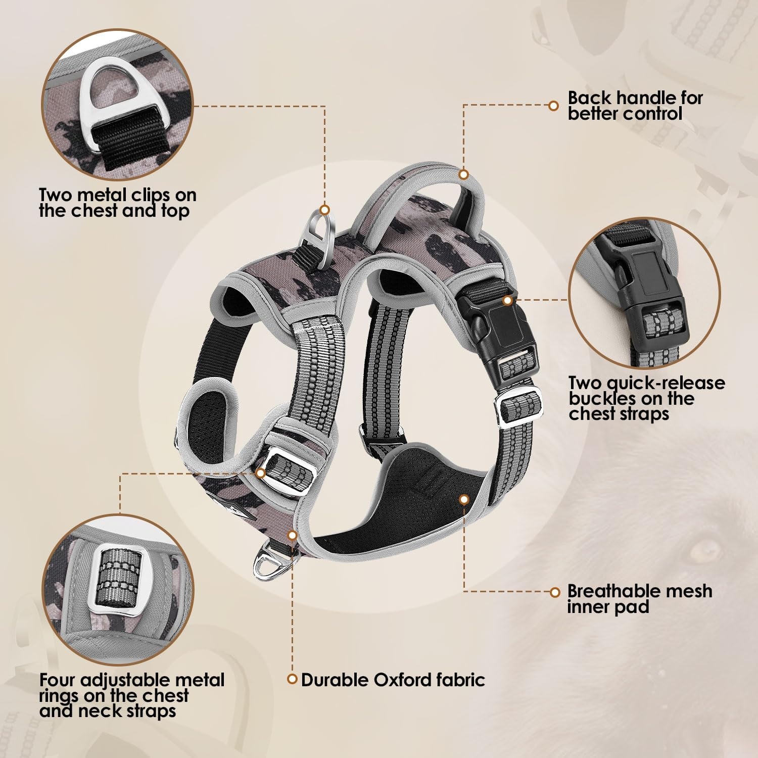 image:imageSlowTon No Pull Dog Harness Heavy Duty No Choke Pet Harness with 2 Leash Clips and Easy Control Vertical Handle Adjustable Soft Padded Dog Vest for Small Medium and Large DogsYellow Camo LargeGGray Camouflage