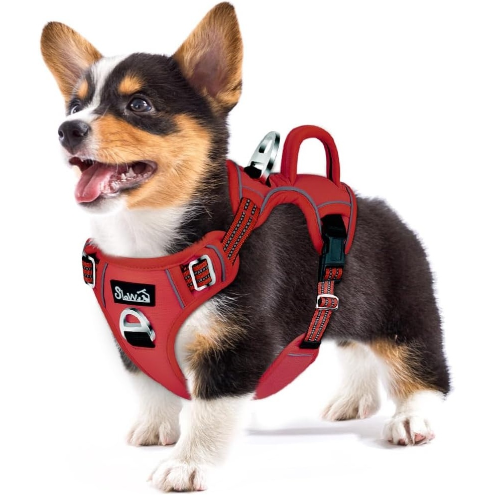 image:imageSlowTon No Pull Dog Harness Heavy Duty No Choke Pet Harness with 2 Leash Clips and Easy Control Vertical Handle Adjustable Soft Padded Dog Vest for Small Medium and Large DogsYellow Camo LargeCRed