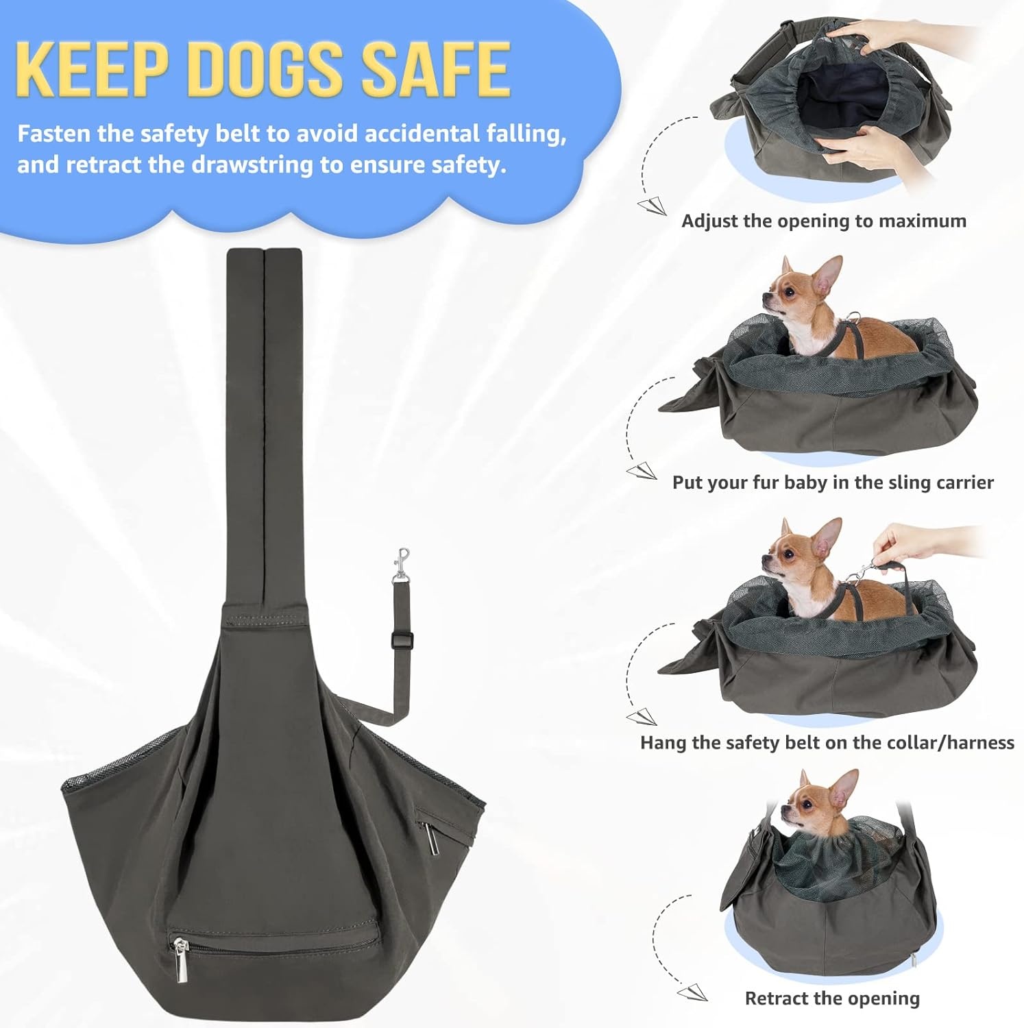 image:imageSlowTon Dog Carrier Sling Hard Bottom Support Dog Carriers for Small Dogs with Adjustable Padded Shoudler Strap Dog Purse for Puppy Cat Pet with Drawstring Opening Storage Zipper Pockets GreyGrey