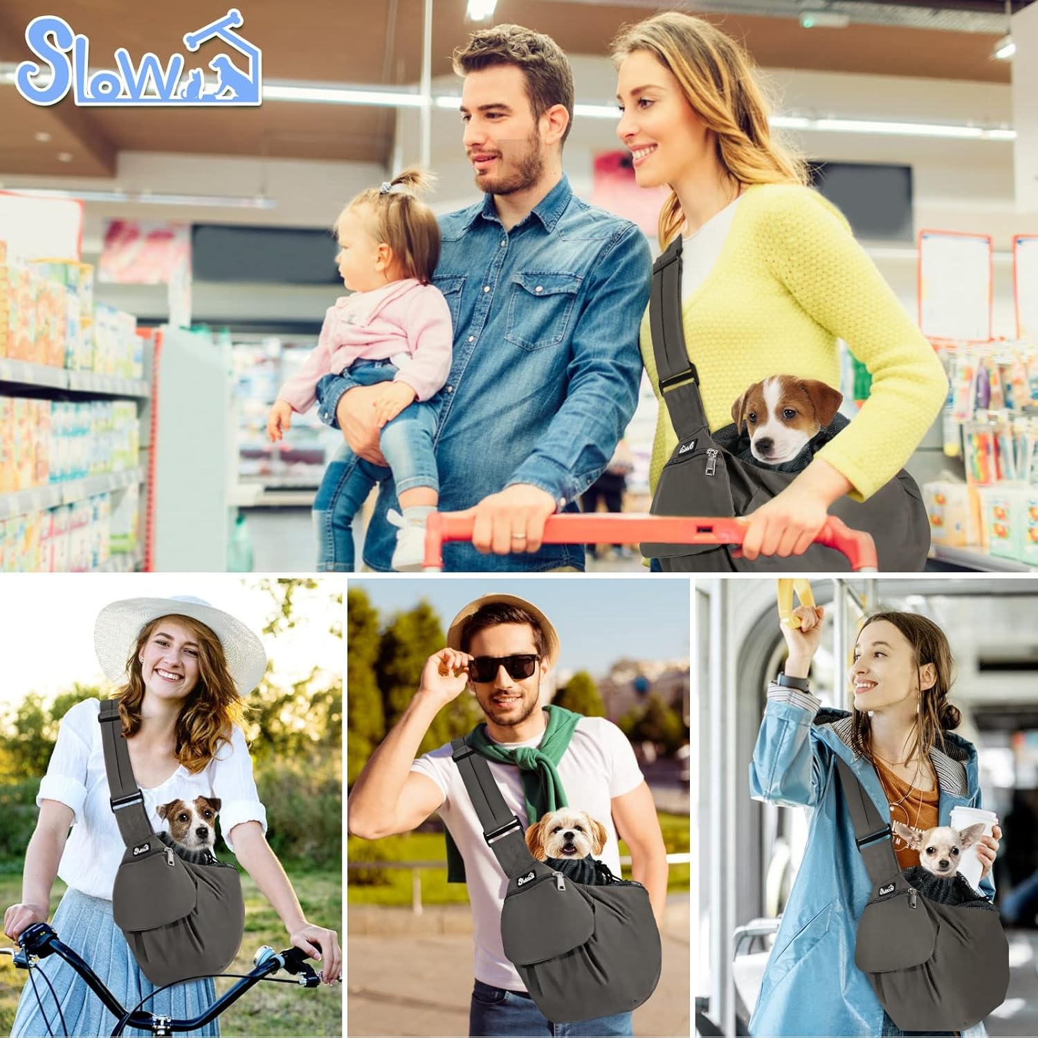 image:imageSlowTon Dog Carrier Sling Hard Bottom Support Dog Carriers for Small Dogs with Adjustable Padded Shoudler Strap Dog Purse for Puppy Cat Pet with Drawstring Opening Storage Zipper Pockets GreyGrey