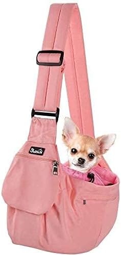 image:imageSlowTon Dog Carrier Sling Hard Bottom Support Dog Carriers for Small Dogs with Adjustable Padded Shoudler Strap Dog Purse for Puppy Cat Pet with Drawstring Opening Storage Zipper Pockets GreyPeach
