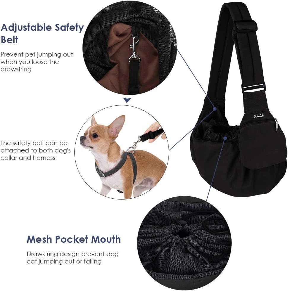 image:imageSlowTon Dog Carrier Sling Hard Bottom Support Dog Carriers for Small Dogs with Adjustable Padded Shoudler Strap Dog Purse for Puppy Cat Pet with Drawstring Opening Storage Zipper Pockets GreyBlack