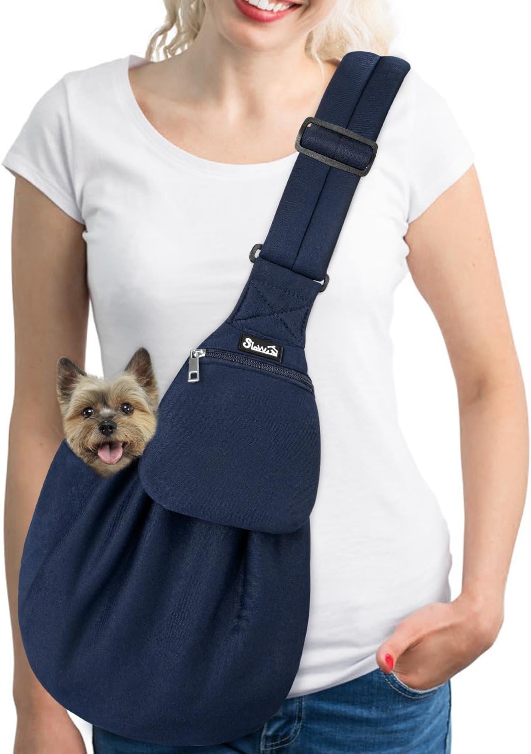 image:imageSlowTon Dog Carrier Sling Thick Padded Shoulder Strap Adjustable Dog Carriers for Small Dogs Puppy Carrier Purse for Pet Cat with Front Zipper Pocket Safety Belt Machine Washable Navy Knitted SFNavy Knitted Fabric