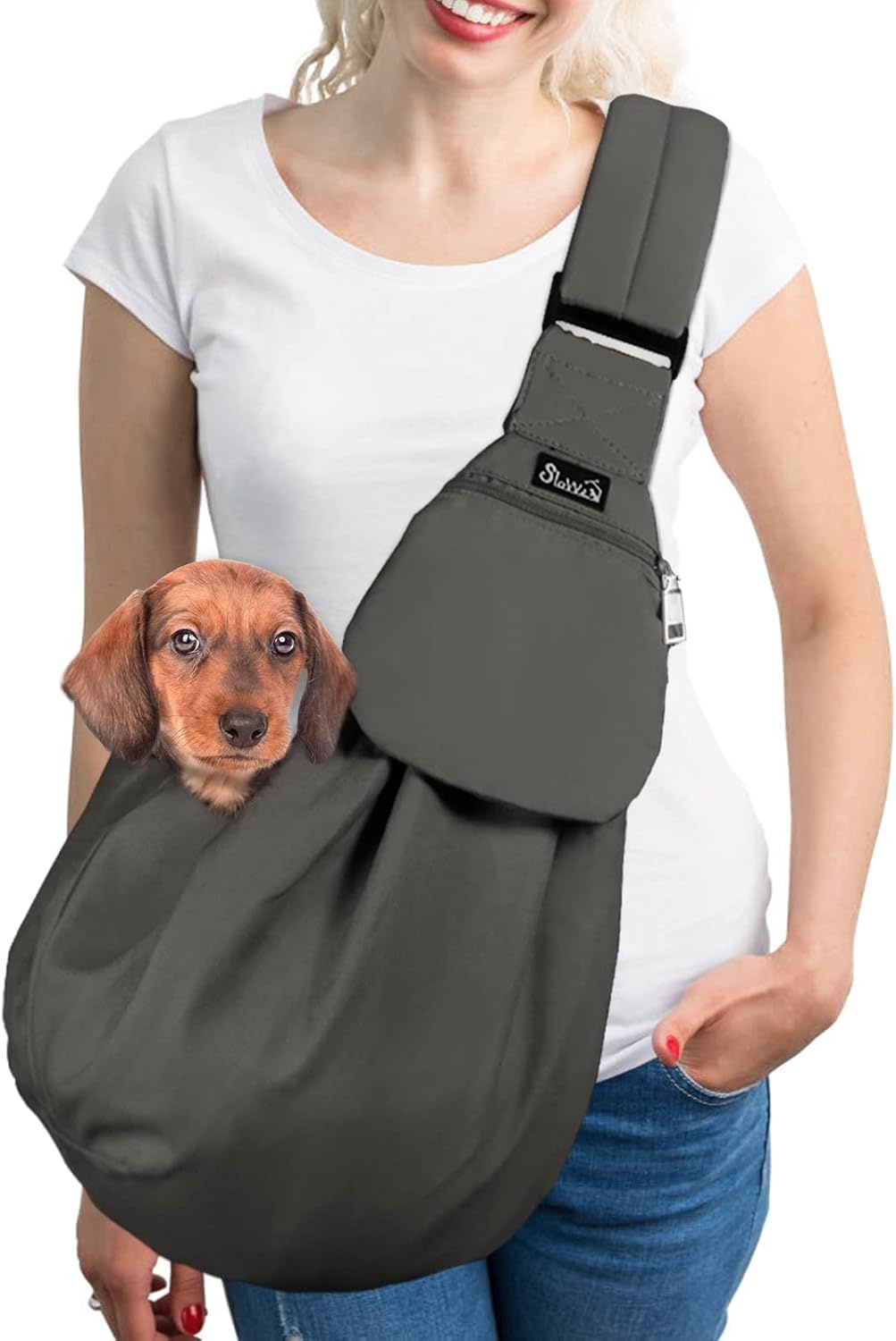 image:imageSlowTon Dog Carrier Sling Thick Padded Shoulder Strap Adjustable Dog Carriers for Small Dogs Puppy Carrier Purse for Pet Cat with Front Zipper Pocket Safety Belt Machine Washable Navy Knitted SAGrey Cotton Fabric