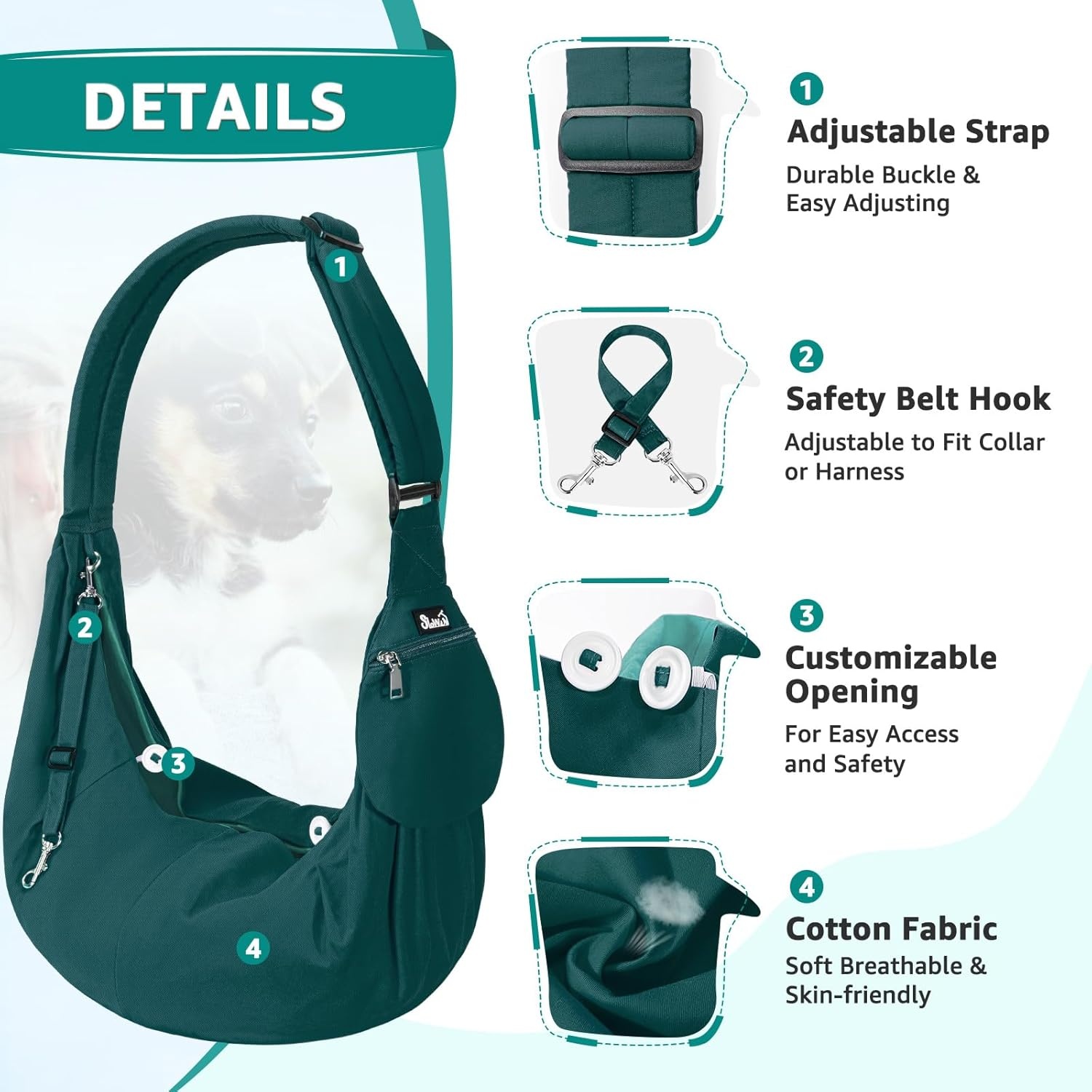 image:imageSlowTon Dog Carrier Sling Thick Padded Shoulder Strap Adjustable Dog Carriers for Small Dogs Puppy Carrier Purse for Pet Cat with Front Zipper Pocket Safety Belt Machine Washable Navy Knitted SJGreen Cotton Fabric