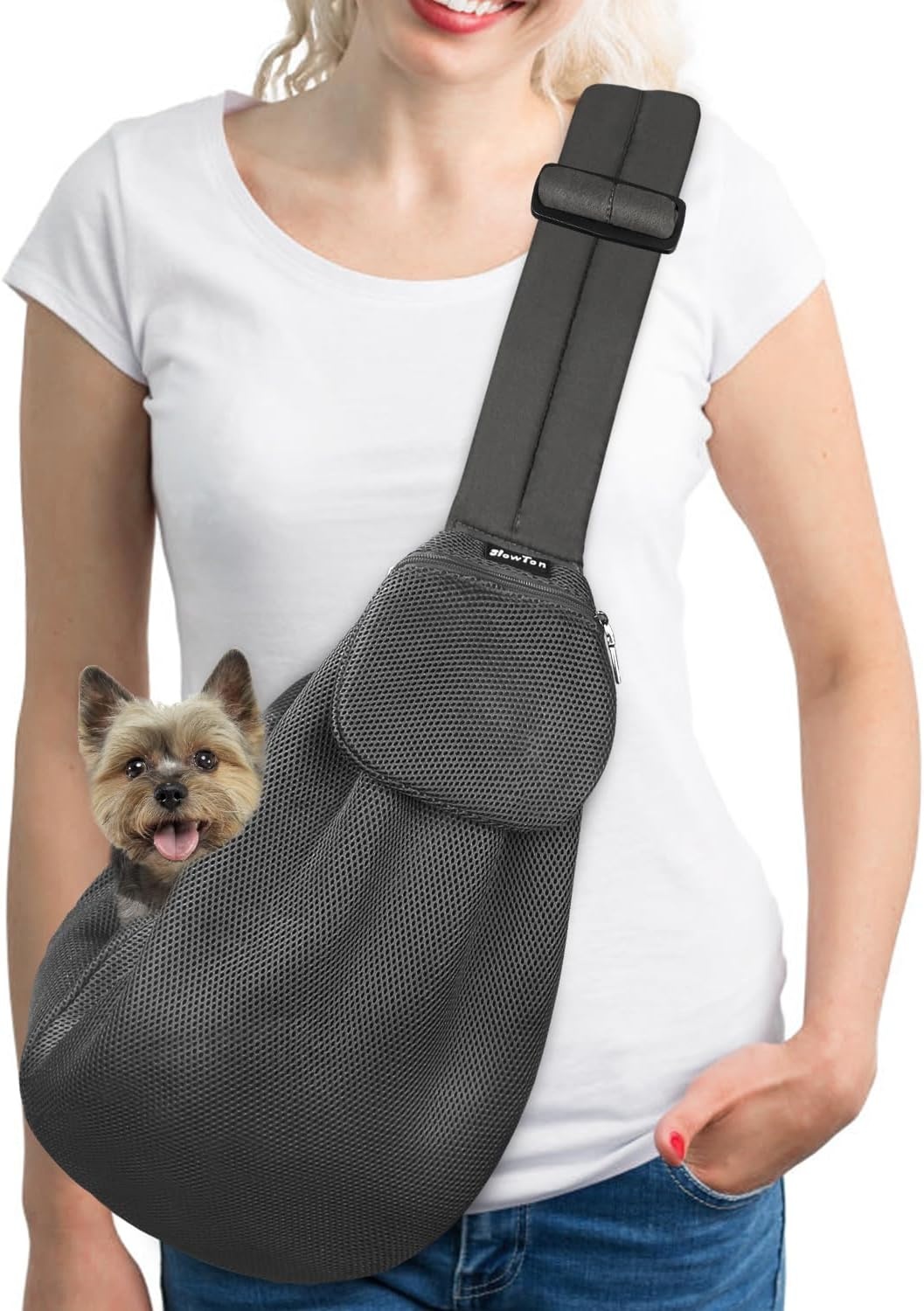 image:imageSlowTon Dog Carrier Sling Thick Padded Shoulder Strap Adjustable Dog Carriers for Small Dogs Puppy Carrier Purse for Pet Cat with Front Zipper Pocket Safety Belt Machine Washable Navy Knitted SBDark Grey Breathable Fabric