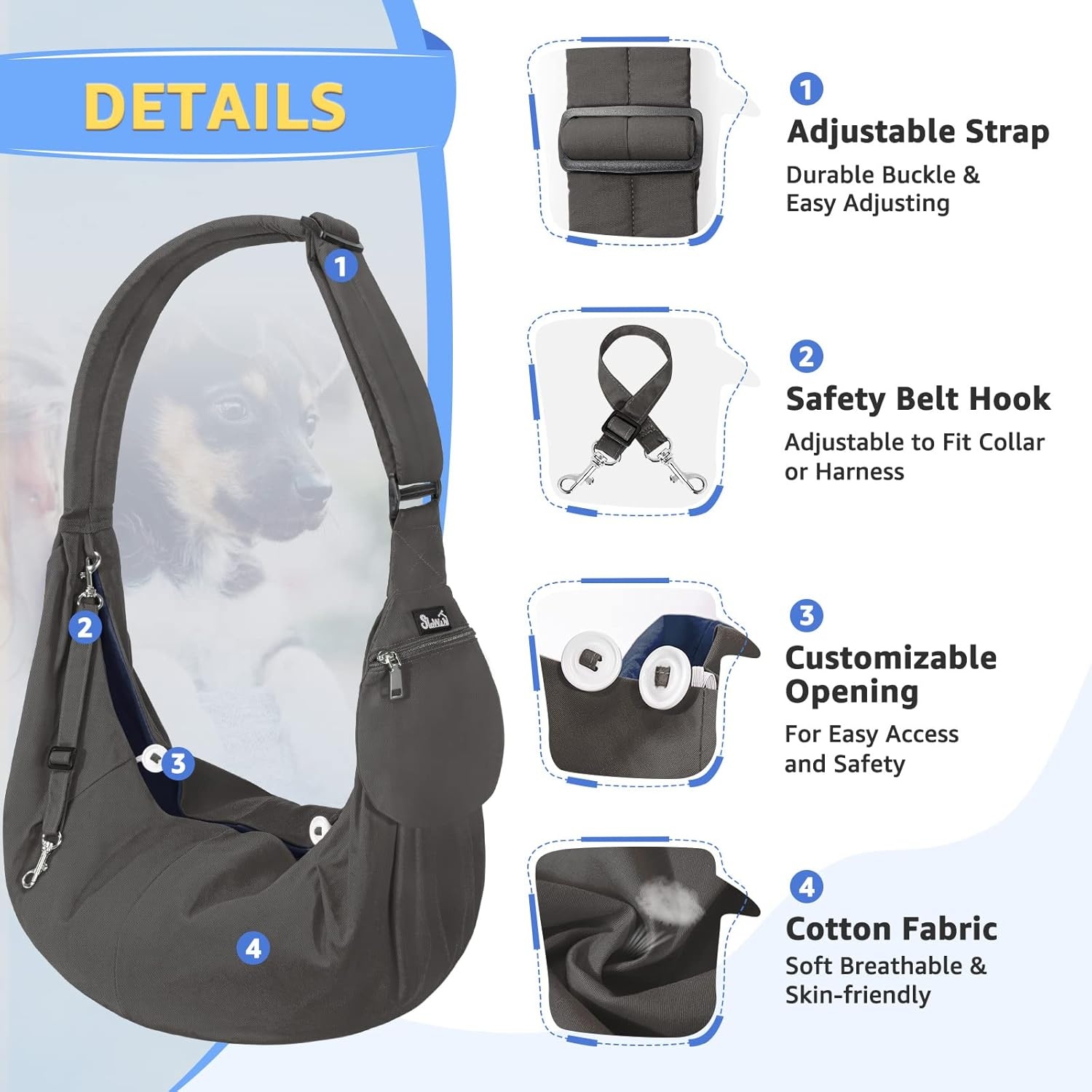 image:imageSlowTon Dog Carrier Sling Thick Padded Shoulder Strap Adjustable Dog Carriers for Small Dogs Puppy Carrier Purse for Pet Cat with Front Zipper Pocket Safety Belt Machine Washable Navy Knitted SAGrey Cotton Fabric