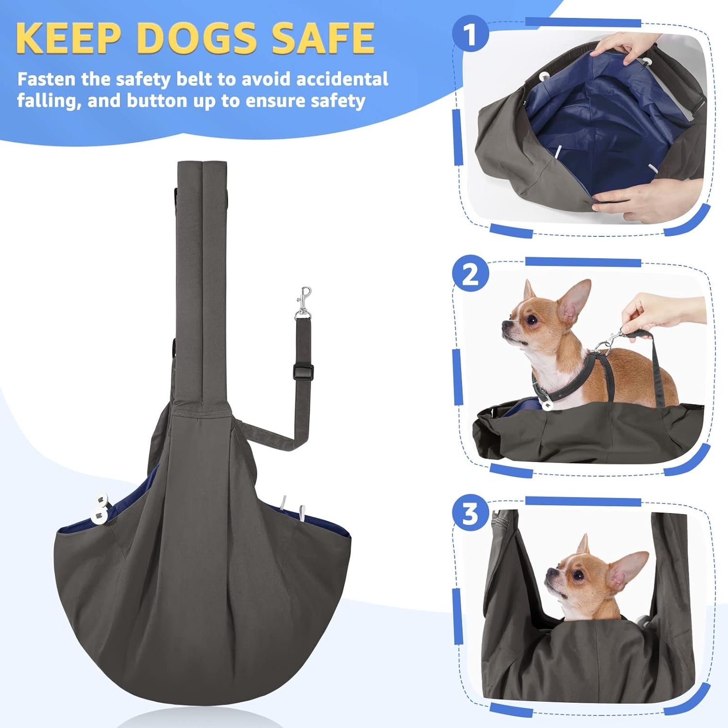 image:imageSlowTon Dog Carrier Sling Thick Padded Shoulder Strap Adjustable Dog Carriers for Small Dogs Puppy Carrier Purse for Pet Cat with Front Zipper Pocket Safety Belt Machine Washable Navy Knitted SAGrey Cotton Fabric