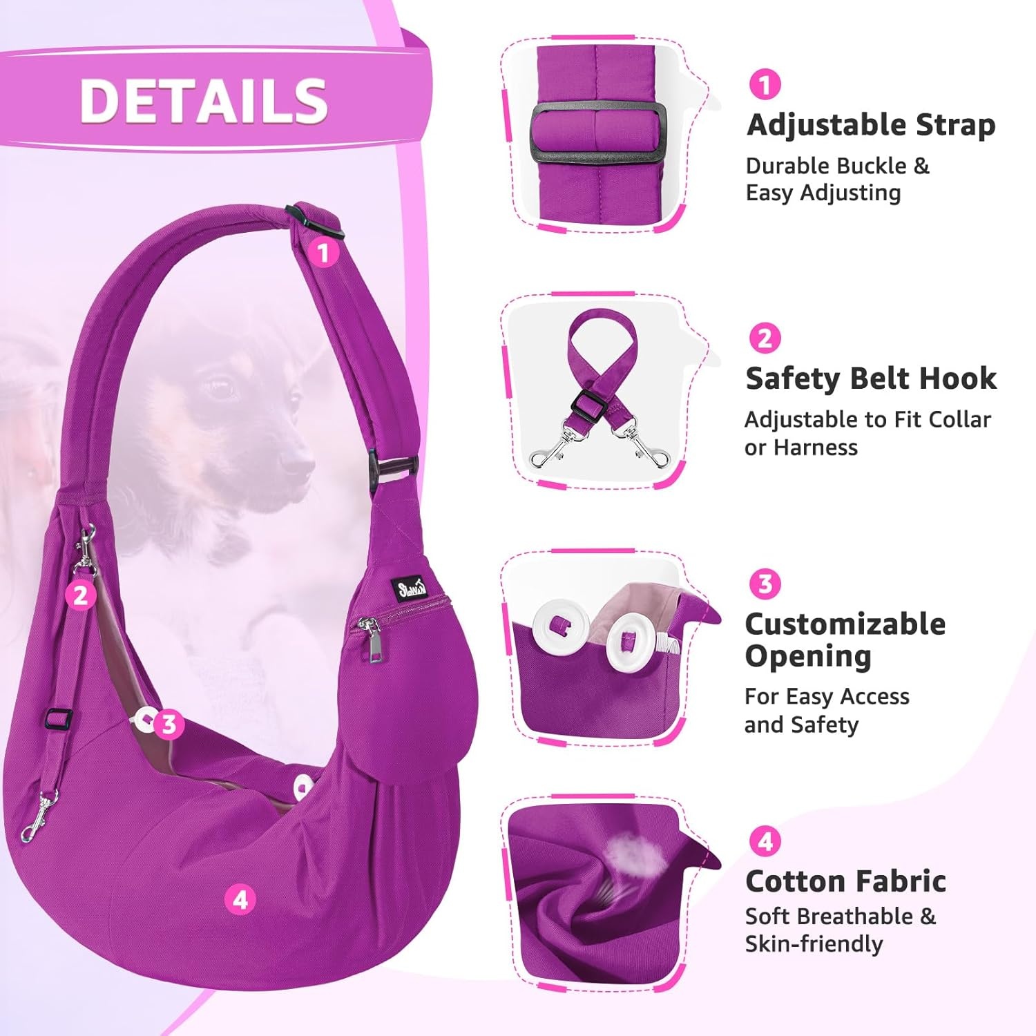 image:imageSlowTon Dog Carrier Sling Thick Padded Shoulder Strap Adjustable Dog Carriers for Small Dogs Puppy Carrier Purse for Pet Cat with Front Zipper Pocket Safety Belt Machine Washable Navy Knitted SKFuchsia Cotton Fabric