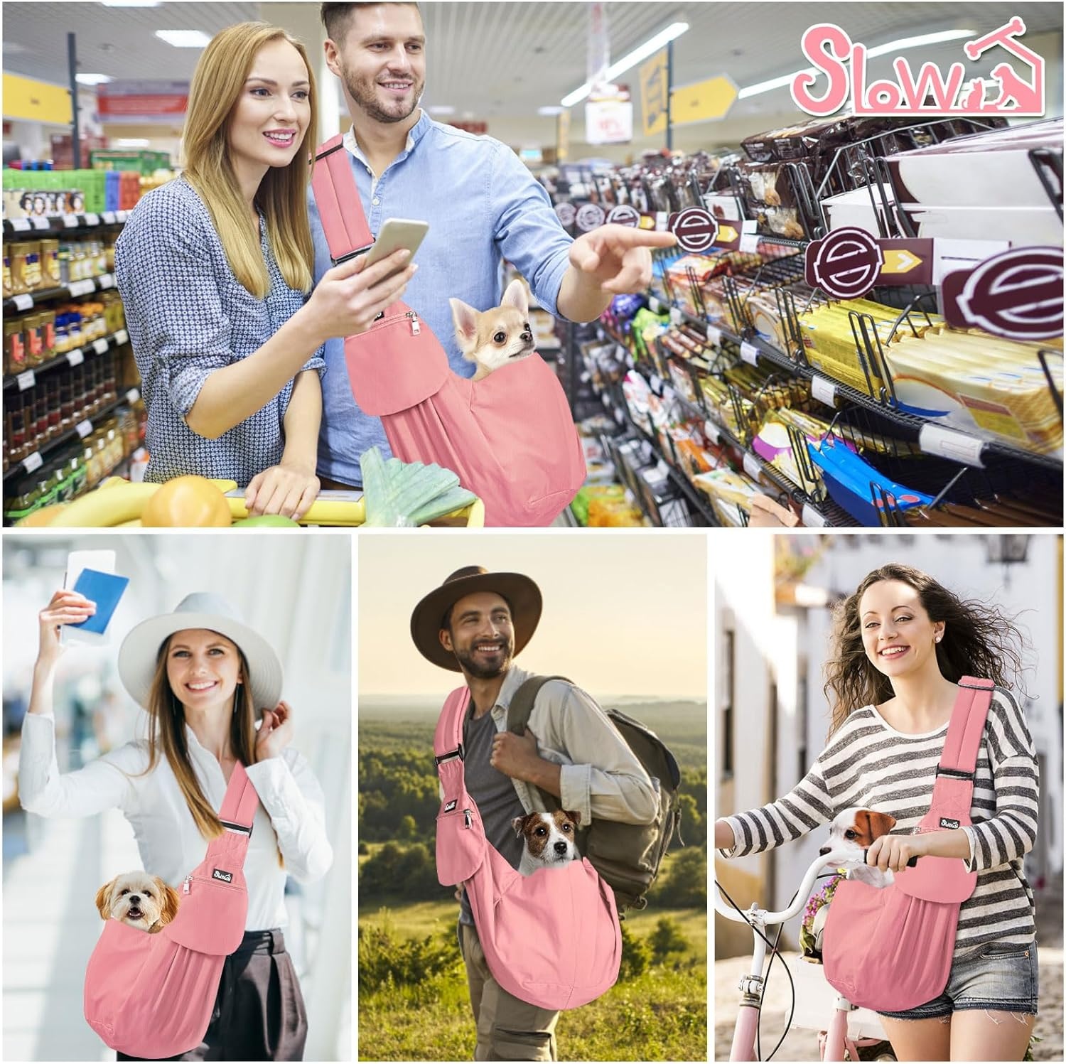 image:imageSlowTon Dog Carrier Sling Thick Padded Shoulder Strap Adjustable Dog Carriers for Small Dogs Puppy Carrier Purse for Pet Cat with Front Zipper Pocket Safety Belt Machine Washable Navy Knitted SIPeach Cotton Fabric