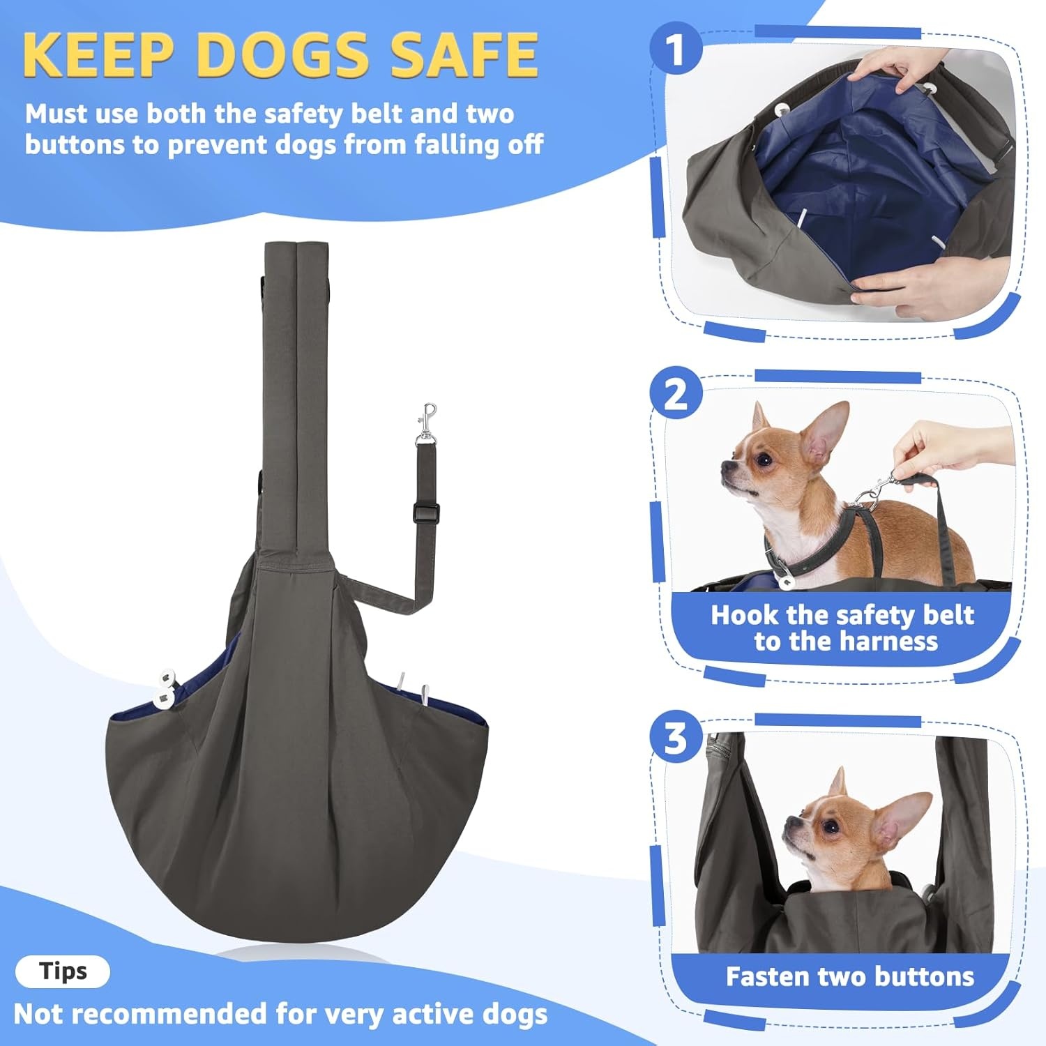 image:imageSlowTon Dog Carrier Sling Thick Padded Shoulder Strap Adjustable Dog Carriers for Small Dogs Puppy Carrier Purse for Pet Cat with Front Zipper Pocket Safety Belt Machine Washable Navy Knitted SAGrey Cotton Fabric