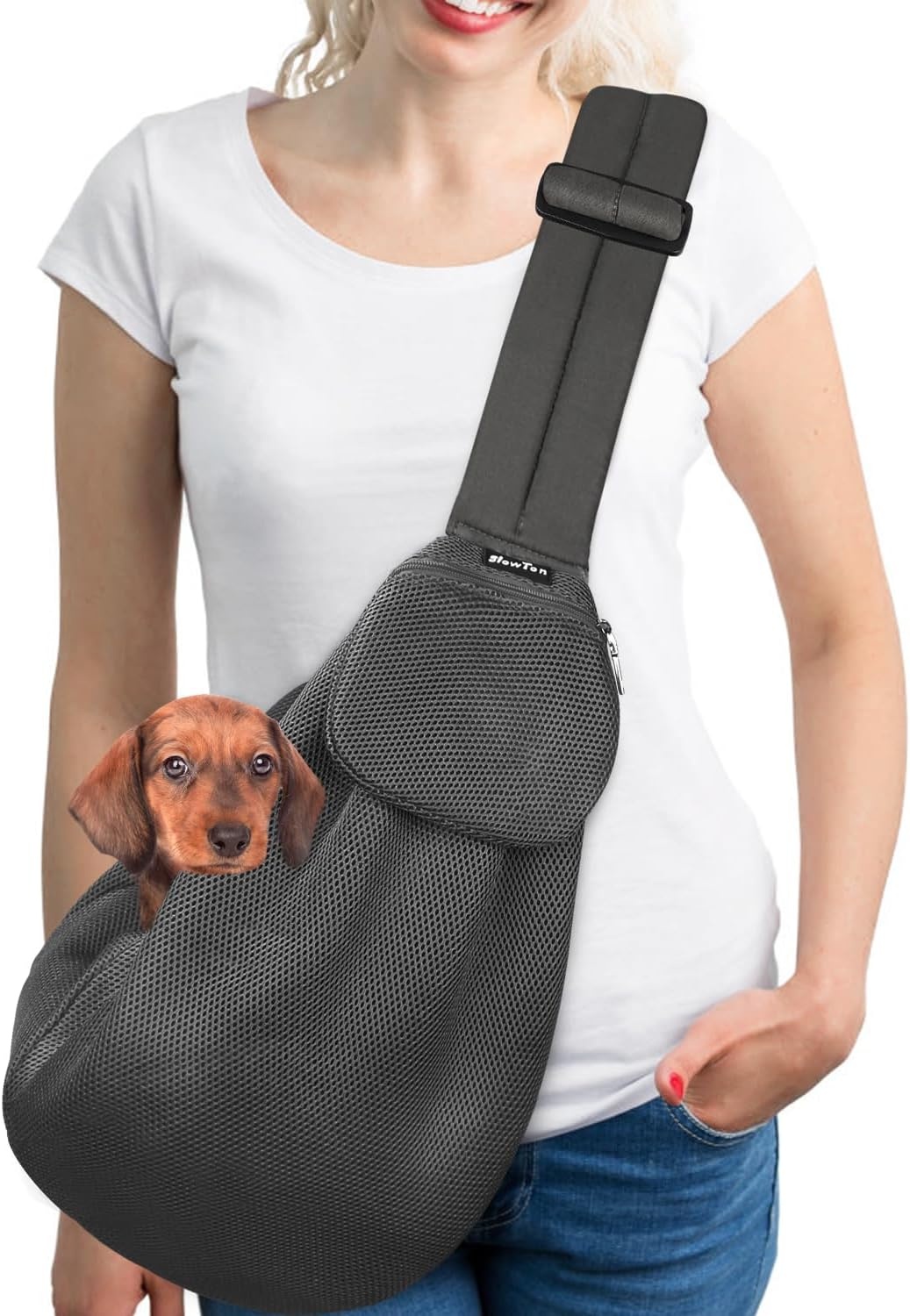 image:imageSlowTon Dog Carrier Sling Thick Padded Shoulder Strap Adjustable Dog Carriers for Small Dogs Puppy Carrier Purse for Pet Cat with Front Zipper Pocket Safety Belt Machine Washable Navy Knitted SBDark Grey Breathable Fabric