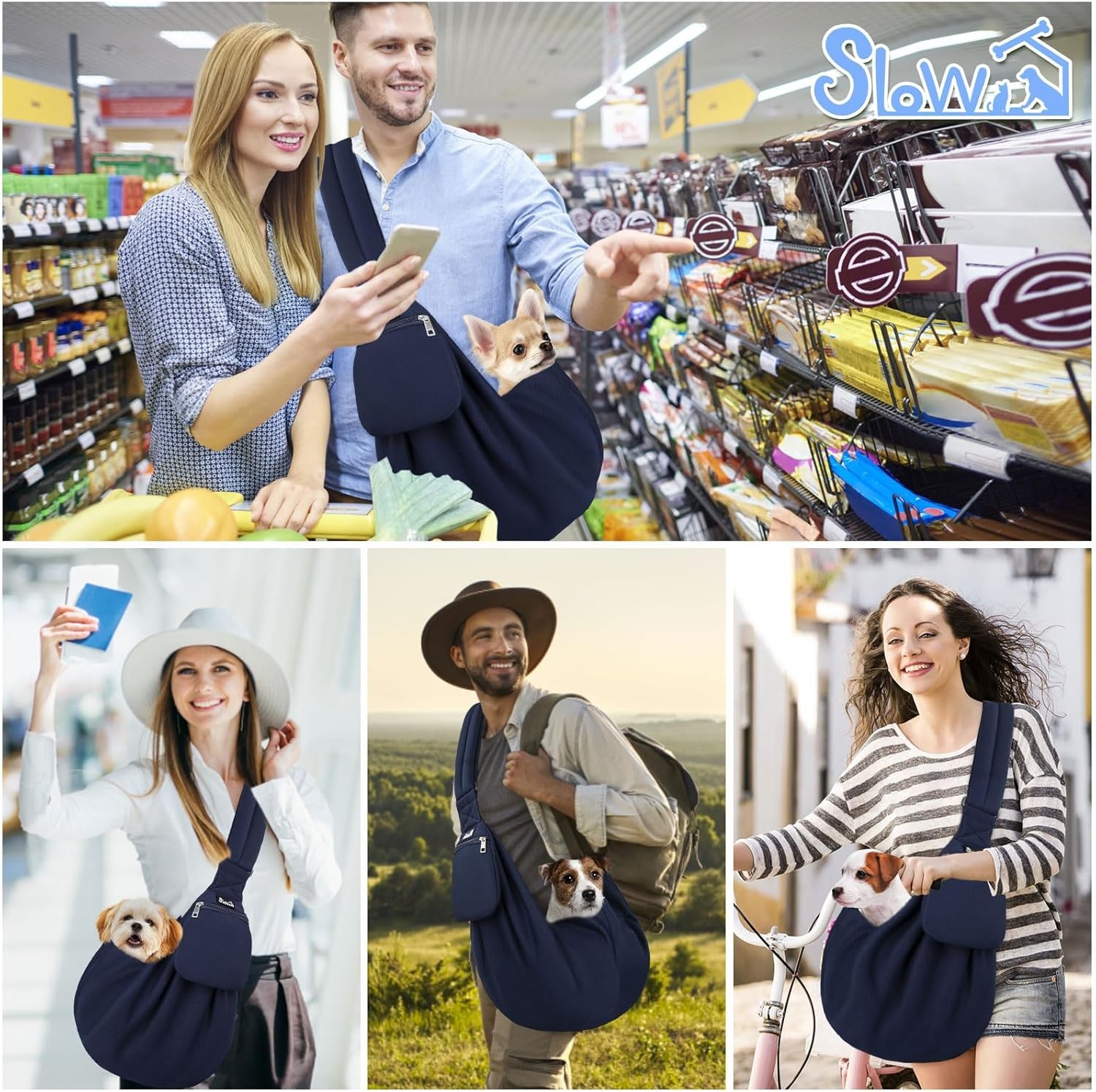 image:imageSlowTon Dog Carrier Sling Thick Padded Shoulder Strap Adjustable Dog Carriers for Small Dogs Puppy Carrier Purse for Pet Cat with Front Zipper Pocket Safety Belt Machine Washable Navy Knitted SFNavy Knitted Fabric