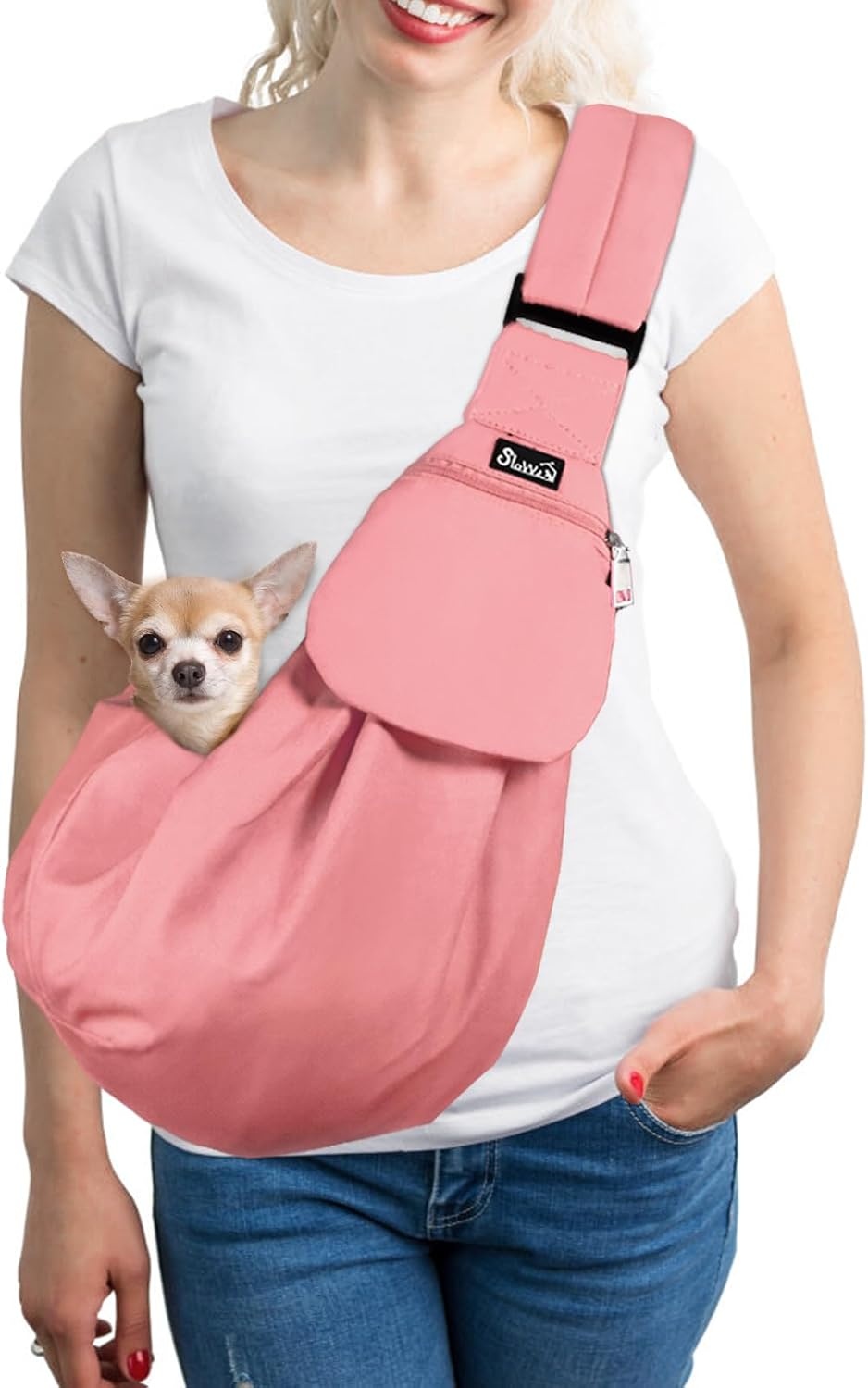 image:imageSlowTon Dog Carrier Sling Thick Padded Shoulder Strap Adjustable Dog Carriers for Small Dogs Puppy Carrier Purse for Pet Cat with Front Zipper Pocket Safety Belt Machine Washable Navy Knitted SIPeach Cotton Fabric