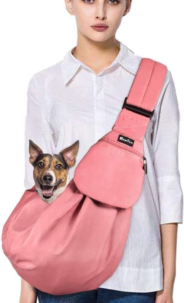 image:imageSlowTon Dog Carrier Sling Thick Padded Shoulder Strap Adjustable Dog Carriers for Small Dogs Puppy Carrier Purse for Pet Cat with Front Zipper Pocket Safety Belt Machine Washable Navy Knitted SIPeach Cotton Fabric