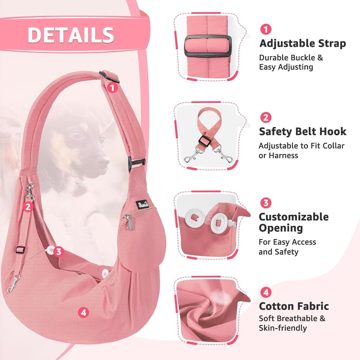 image:imageSlowTon Dog Carrier Sling Thick Padded Shoulder Strap Adjustable Dog Carriers for Small Dogs Puppy Carrier Purse for Pet Cat with Front Zipper Pocket Safety Belt Machine Washable Navy Knitted SIPeach Cotton Fabric