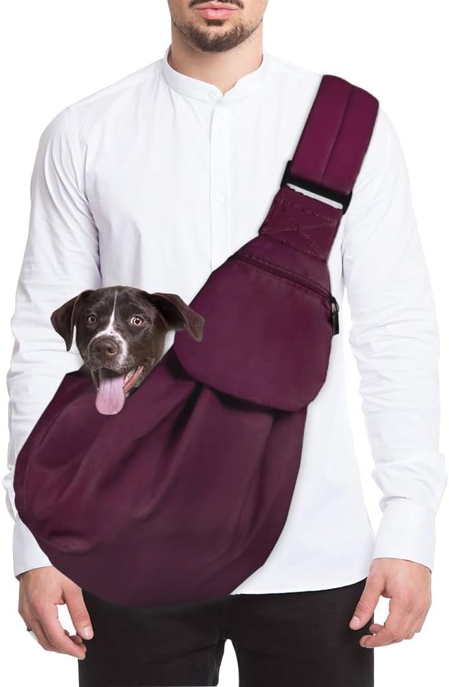 image:imageSlowTon Dog Carrier Sling Thick Padded Shoulder Strap Adjustable Dog Carriers for Small Dogs Puppy Carrier Purse for Pet Cat with Front Zipper Pocket Safety Belt Machine Washable Navy Knitted SHWine Red Cotton Fabric