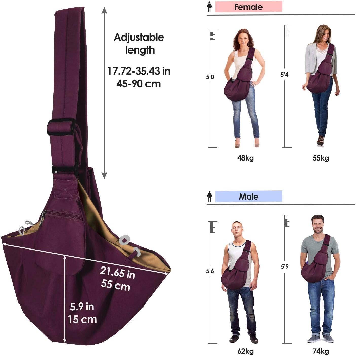 image:imageSlowTon Dog Carrier Sling Thick Padded Shoulder Strap Adjustable Dog Carriers for Small Dogs Puppy Carrier Purse for Pet Cat with Front Zipper Pocket Safety Belt Machine Washable Navy Knitted SHWine Red Cotton Fabric