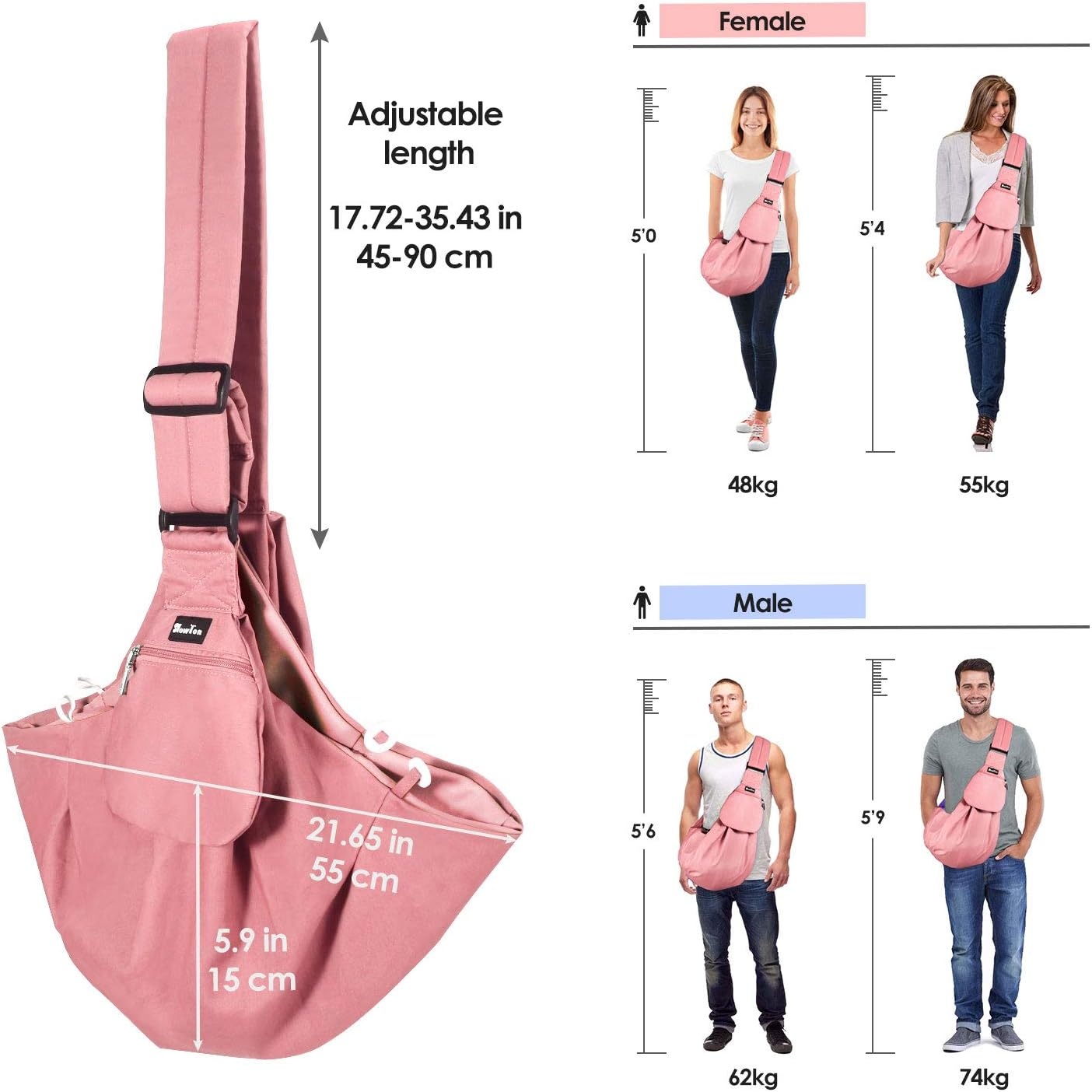 image:imageSlowTon Dog Carrier Sling Thick Padded Shoulder Strap Adjustable Dog Carriers for Small Dogs Puppy Carrier Purse for Pet Cat with Front Zipper Pocket Safety Belt Machine Washable Navy Knitted SIPeach Cotton Fabric
