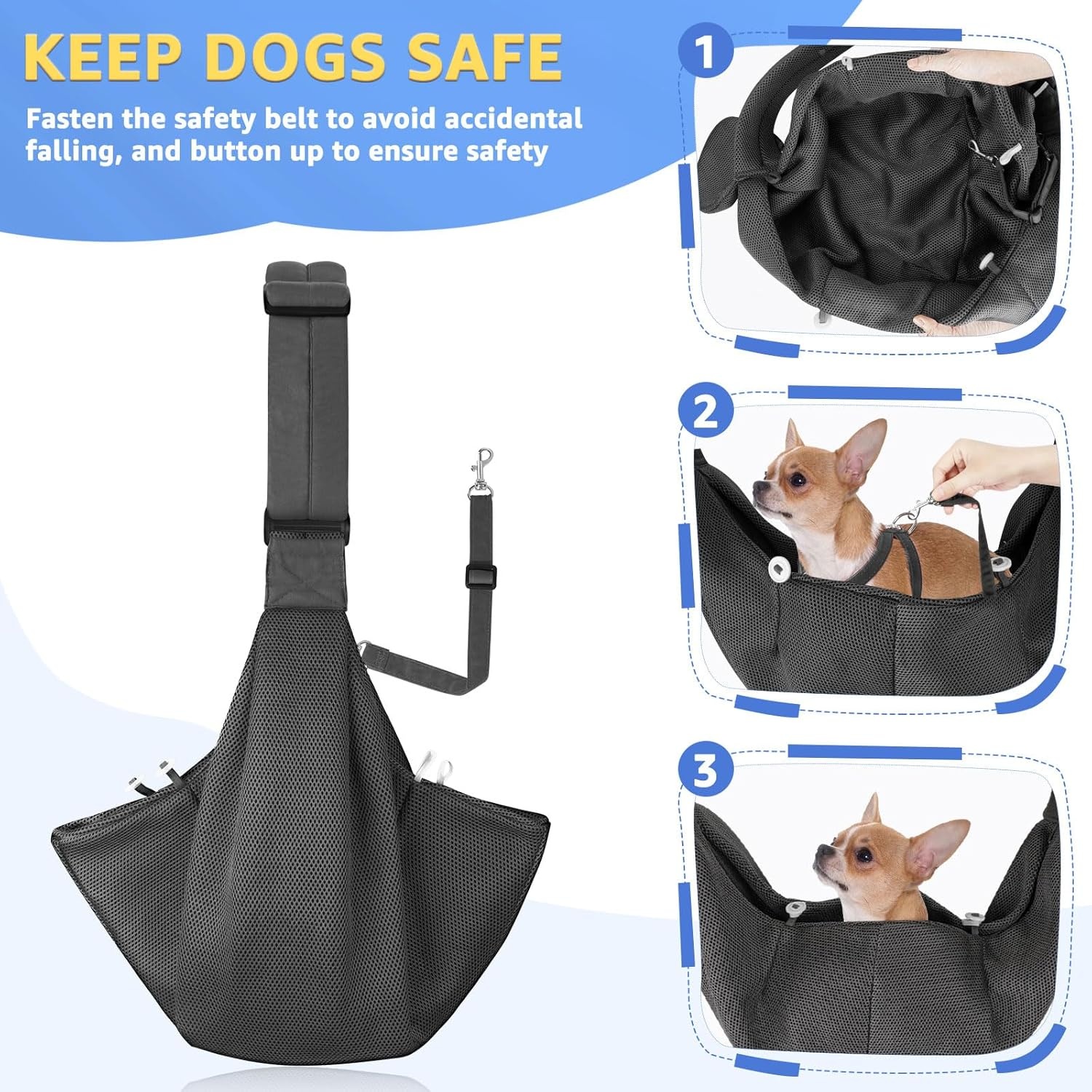 image:imageSlowTon Dog Carrier Sling Thick Padded Shoulder Strap Adjustable Dog Carriers for Small Dogs Puppy Carrier Purse for Pet Cat with Front Zipper Pocket Safety Belt Machine Washable Navy Knitted SBDark Grey Breathable Fabric