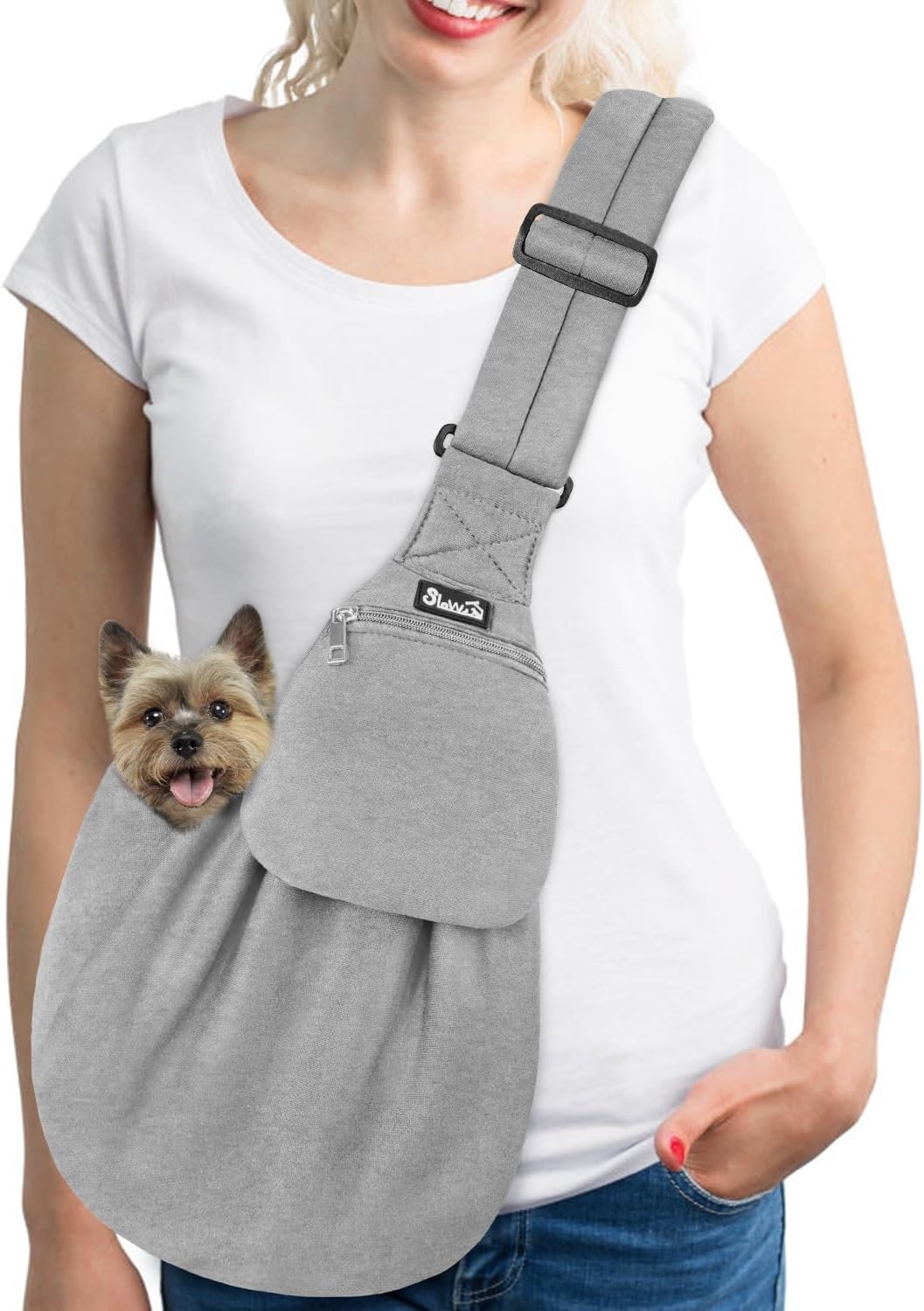 image:imageSlowTon Dog Carrier Sling Thick Padded Shoulder Strap Adjustable Dog Carriers for Small Dogs Puppy Carrier Purse for Pet Cat with Front Zipper Pocket Safety Belt Machine Washable Navy Knitted SDLight Grey Knitted Fabric
