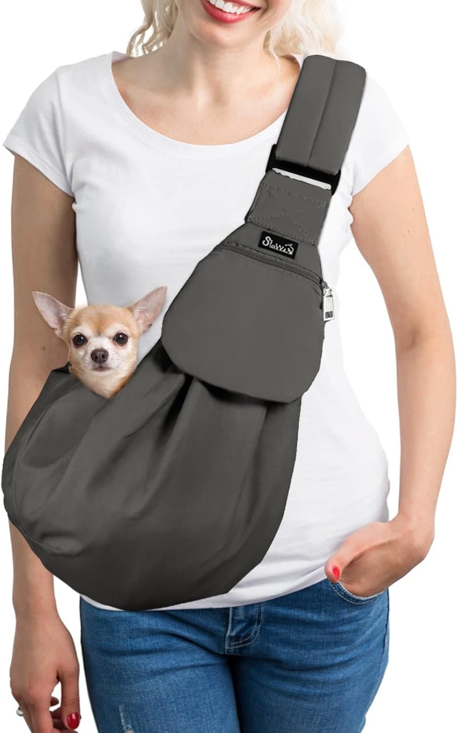 image:imageSlowTon Dog Carrier Sling Thick Padded Shoulder Strap Adjustable Dog Carriers for Small Dogs Puppy Carrier Purse for Pet Cat with Front Zipper Pocket Safety Belt Machine Washable Navy Knitted SAGrey Cotton Fabric