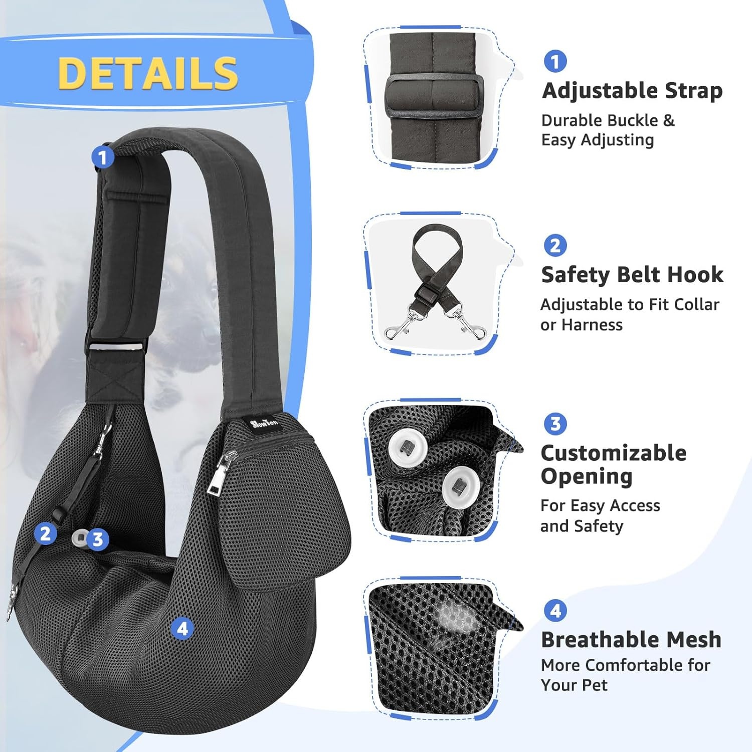image:imageSlowTon Dog Carrier Sling Thick Padded Shoulder Strap Adjustable Dog Carriers for Small Dogs Puppy Carrier Purse for Pet Cat with Front Zipper Pocket Safety Belt Machine Washable Navy Knitted SBDark Grey Breathable Fabric