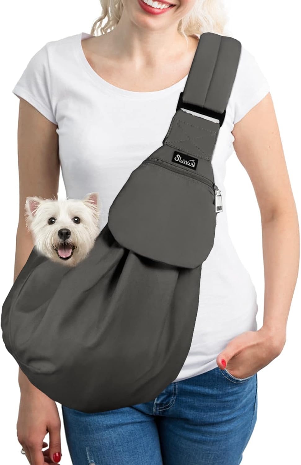 image:imageSlowTon Dog Carrier Sling Thick Padded Shoulder Strap Adjustable Dog Carriers for Small Dogs Puppy Carrier Purse for Pet Cat with Front Zipper Pocket Safety Belt Machine Washable Navy Knitted SAGrey Cotton Fabric
