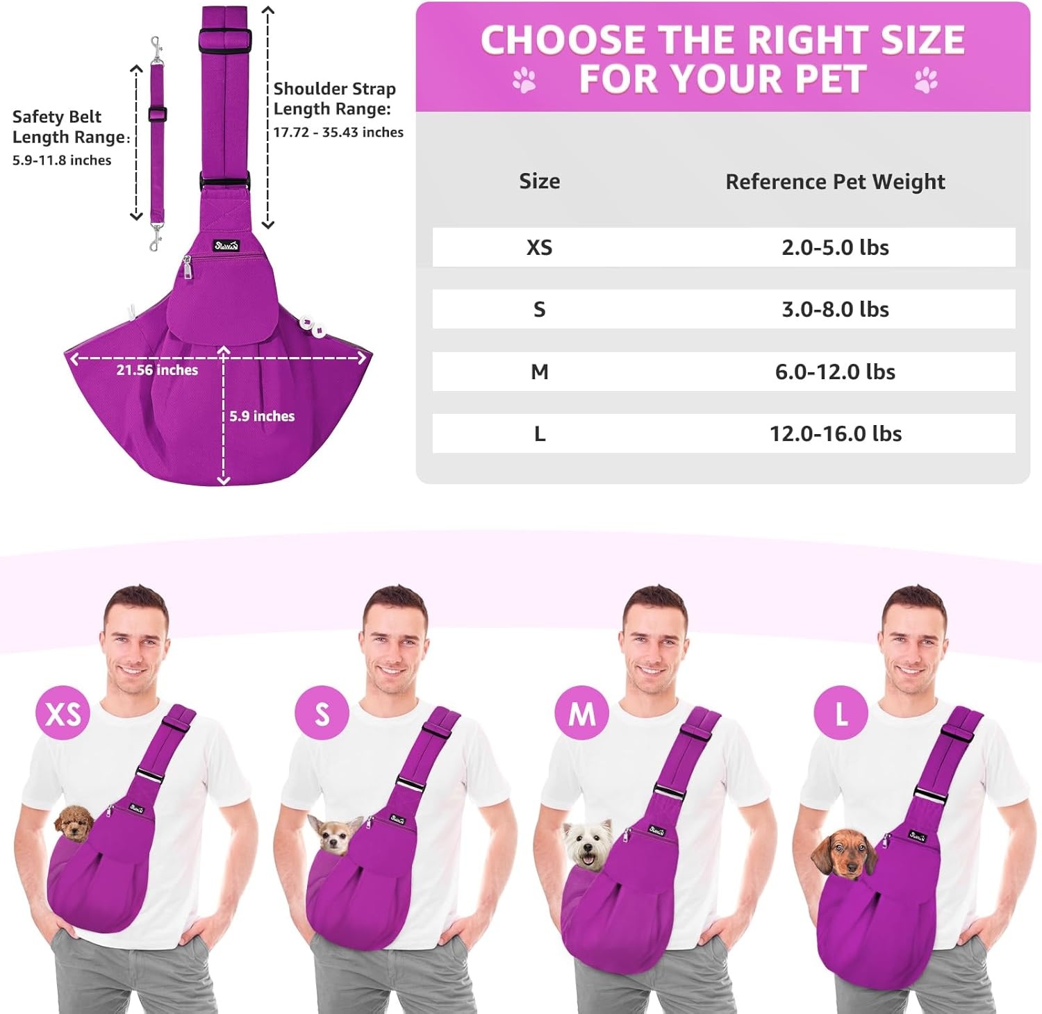 image:imageSlowTon Dog Carrier Sling Thick Padded Shoulder Strap Adjustable Dog Carriers for Small Dogs Puppy Carrier Purse for Pet Cat with Front Zipper Pocket Safety Belt Machine Washable Navy Knitted SKFuchsia Cotton Fabric